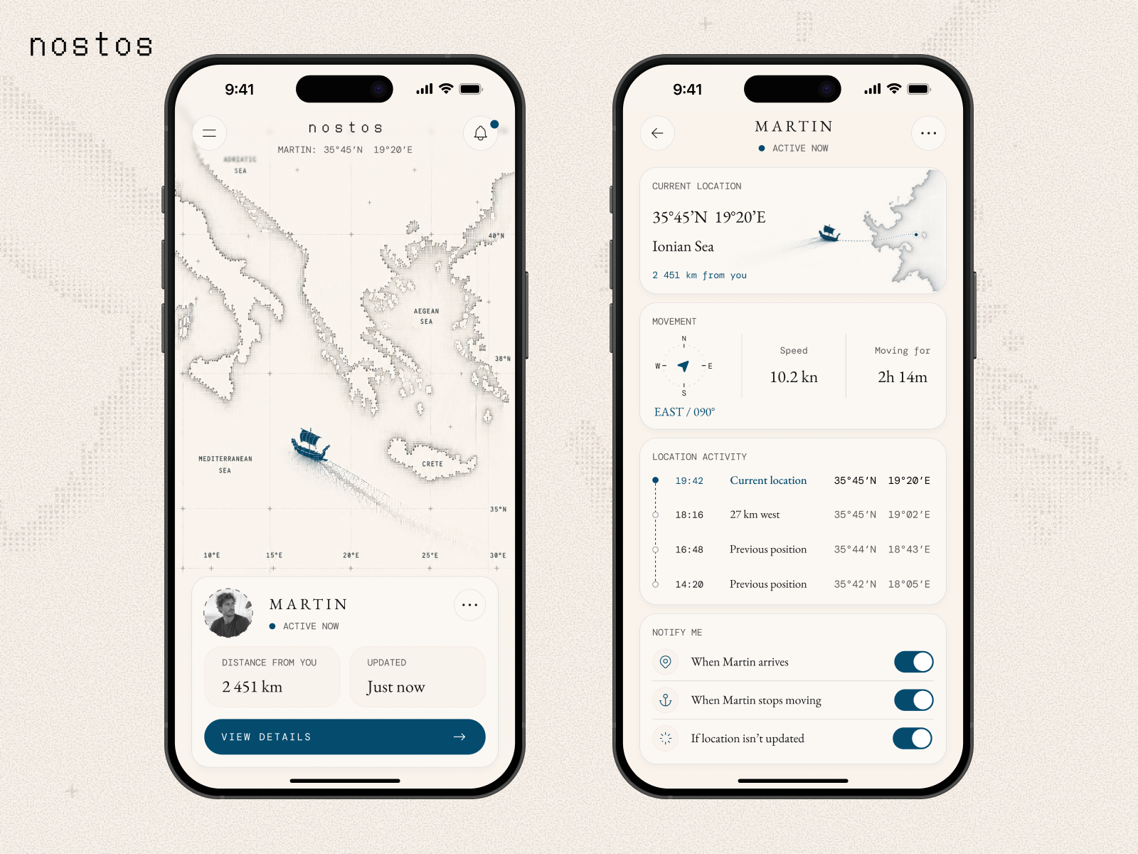 🧭 NOSTOS — Find Your Way Home boat gps ios live location location sharing location tracker map marine mediterranean mobile app nautical navigation nolan ocean odyssey sailing sea ship tracking app travel