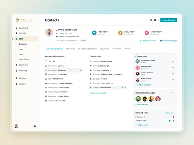 CRM Contacts Page admin branding clean community contacts crm dashboard design graphic design icons investing invictus pastel real estate ui ux vector web webapp