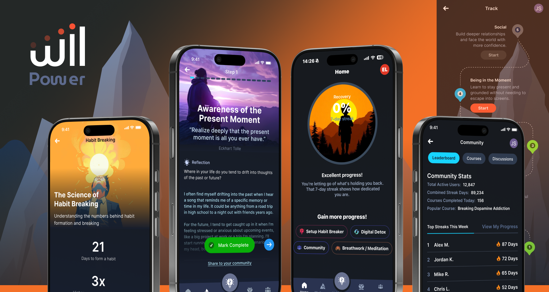 Wilpower - Wellness App UX/UI Design | Mobile App Design Figma app design habit change app design habit changing mobile app design mobile application design ui design uiux uiux design uiux mobile app design ux design uxui uxui design for mobile app wellbeing wellbeing app design wellness wellness app wellness app design wellness design
