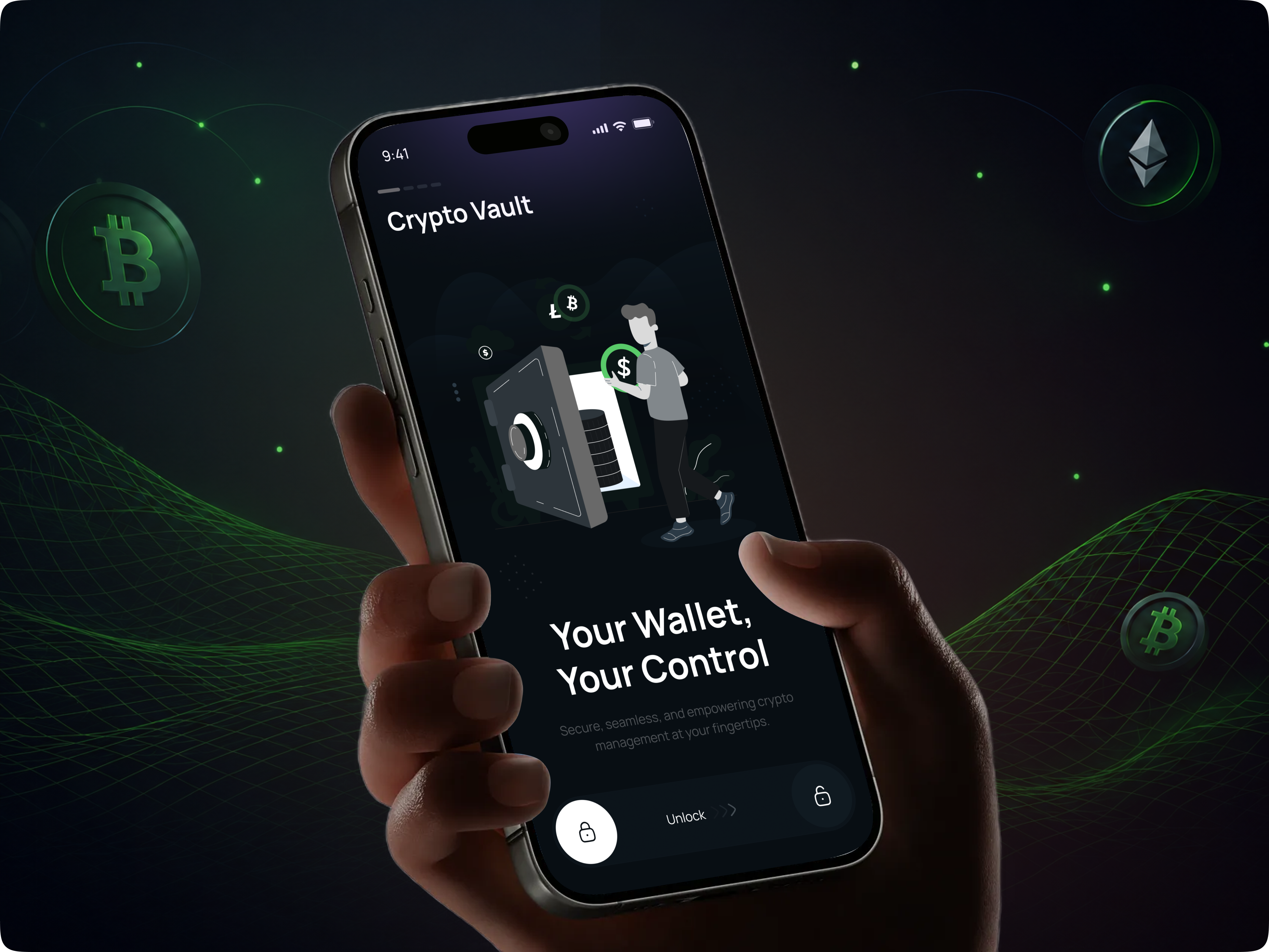 CryptoVault — Modern Crypto Wallet Mobile App banking bitcoin blockchain crypto crypto app cryptocurrency dark ui figma finance app fintech fintech design interaction design ios mobile app onboarding product design trading app ui design ux design wallet