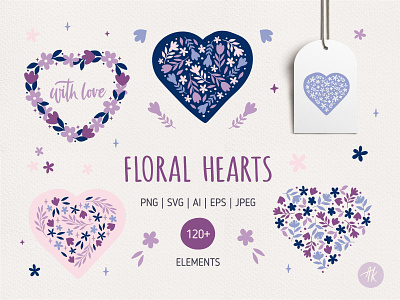 Floral Hearts design floral flower heart flowers hand drawn heart heart clipart heart silhouette holiday illustration love mothers day spring sticker vector wedding wildflower