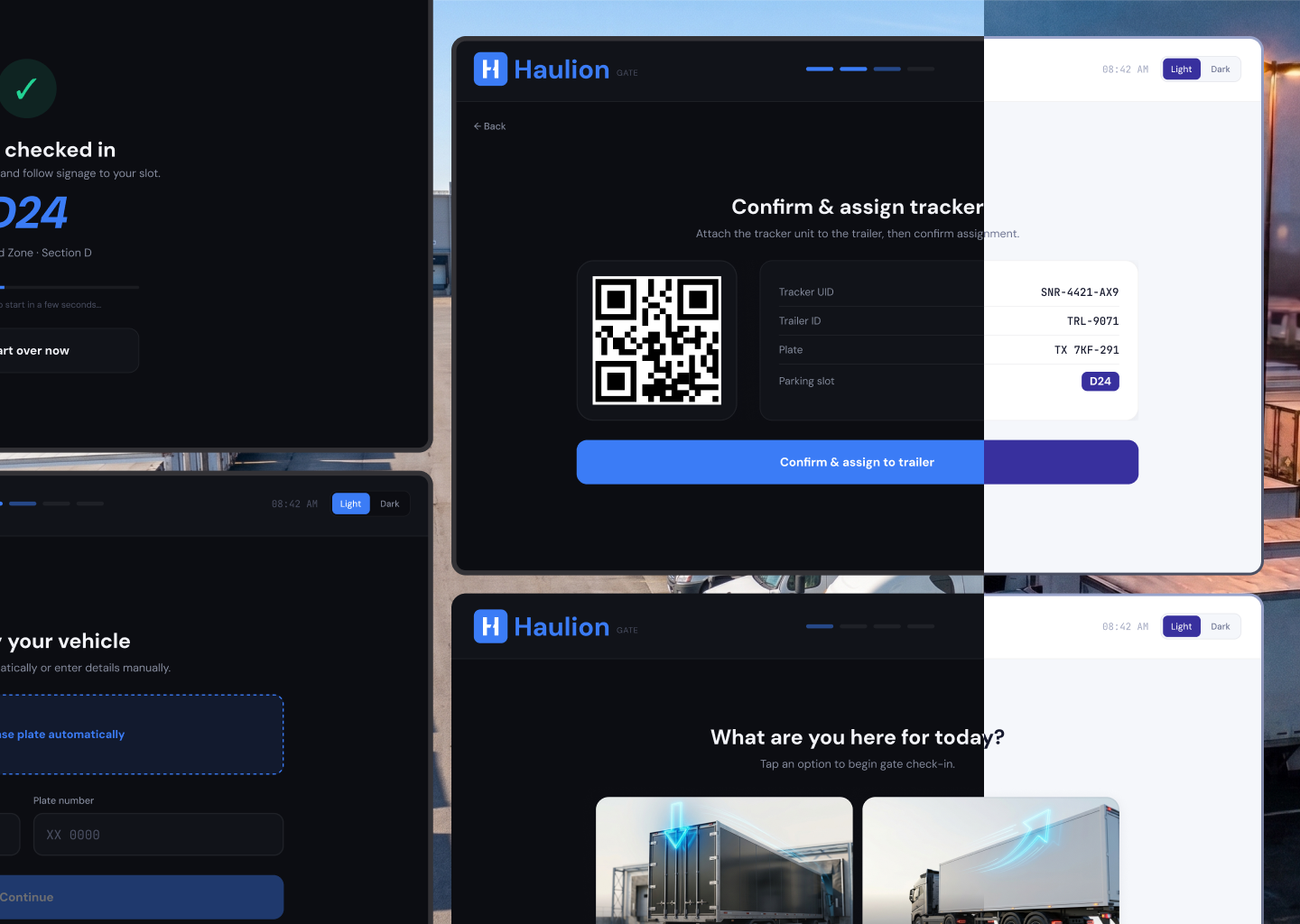 Haulion Gate — Self-Service Check-In for Truck Yards b2b product design freight tech gate kiosk logistics tech product design concept self service check in tablet ui ui yard management