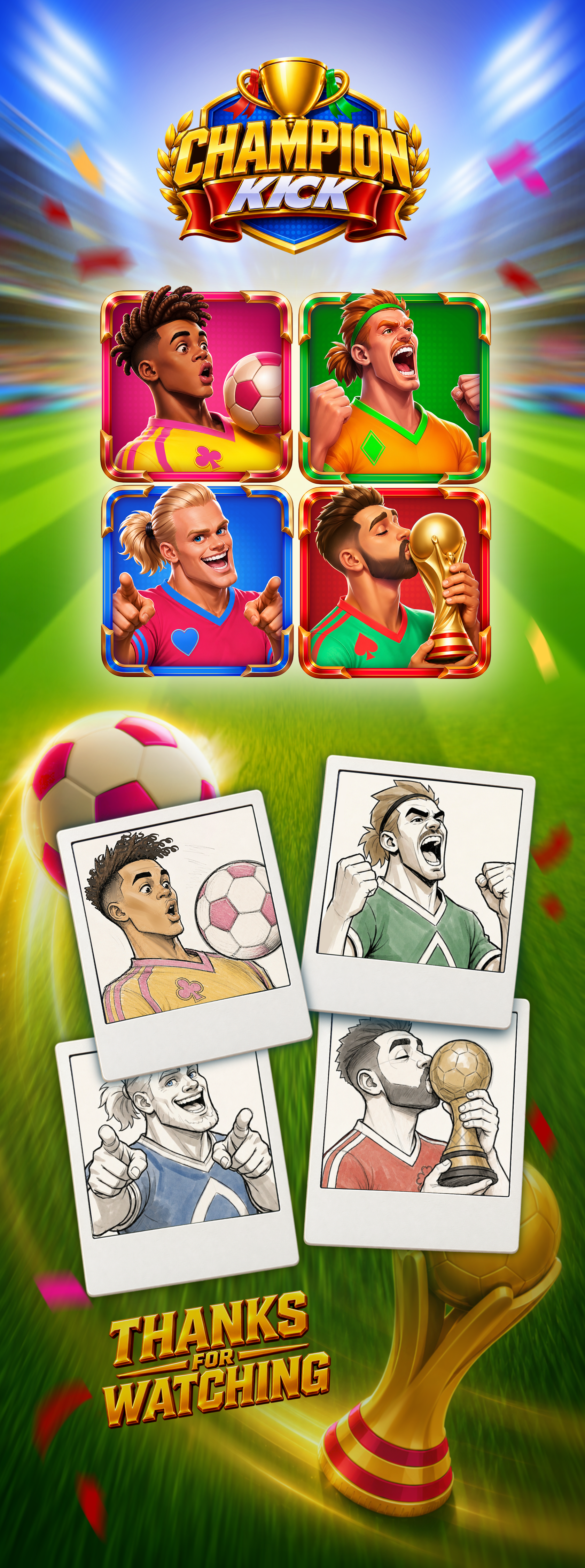 Champion Kick ⚽️🏆 2d art art direction casino casino game character design concept art digital art football football art football slot gambling game art game concept game design igaming slot design slots sports slot ui world cup