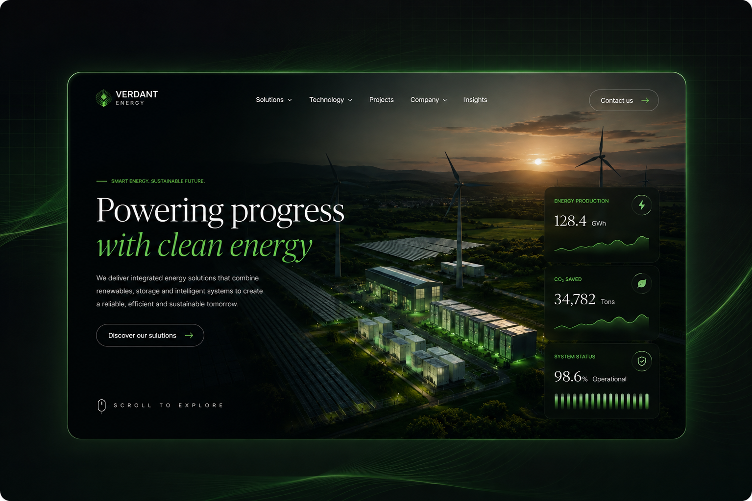 Verdant Energy — Powering a Cleaner Future clean energy dark mode dark ui dashboard energy green energy interface landing page minimal modern renewable energy saas sustainability technology typography ui design ui ux web design web ui website