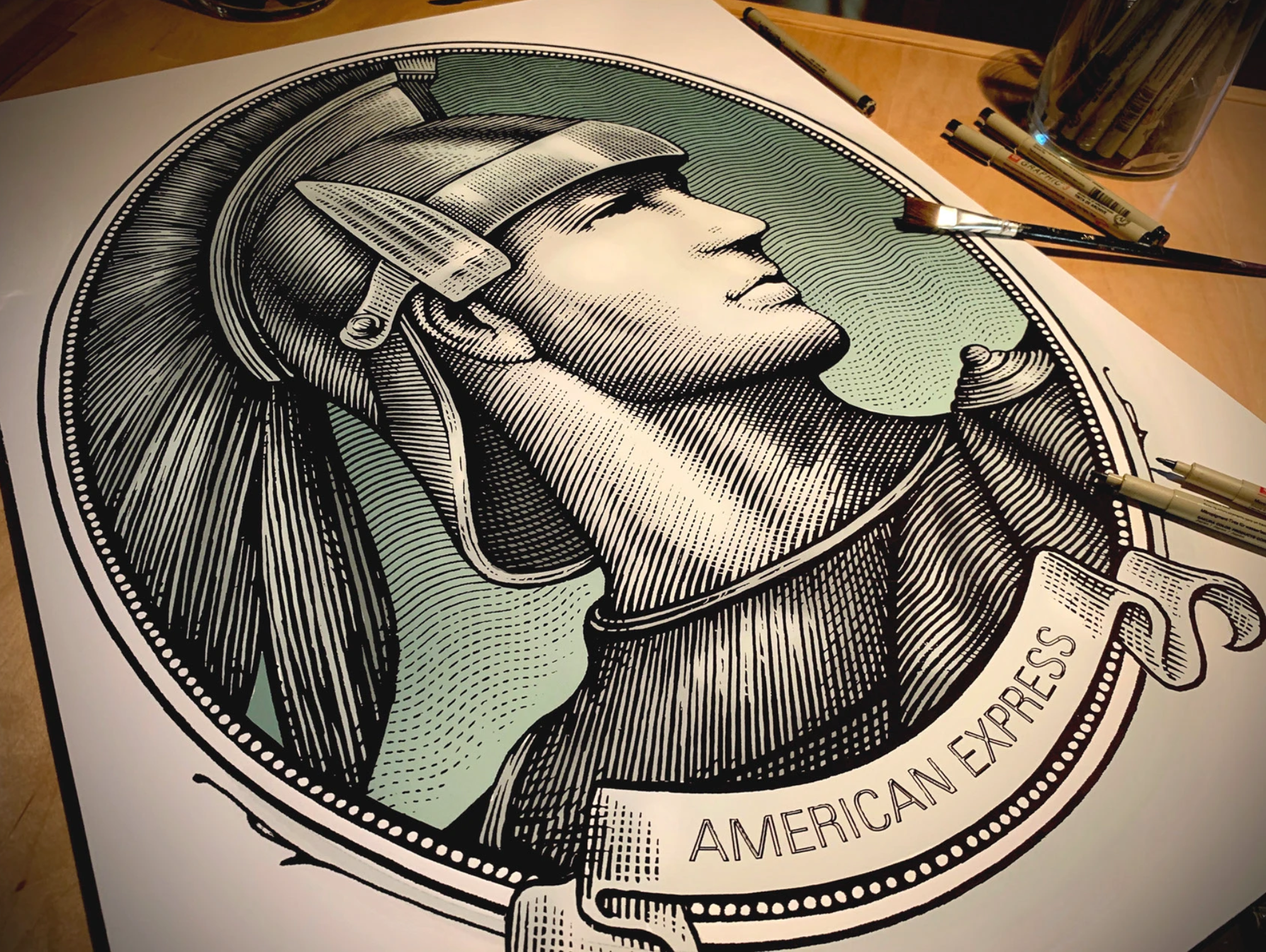 American Express Logo Illustrated by Steven Noble american express artwork brand identity branding design engraving etching illustration line art logo logos portrait portraiture scratchboard steven noble visual identity