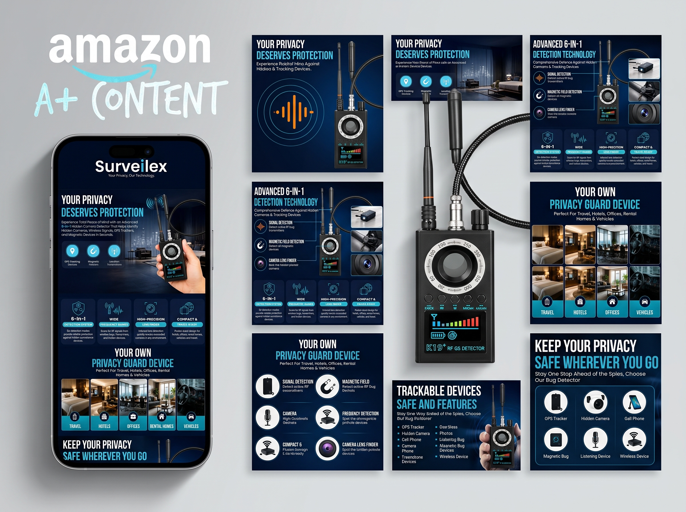 Amazon A+ Content & EBC Design | Surveilex Anti-Spy Detector a content design adobe photoshop amazon ebc amazon listing design amazon seller brand story branding bug detector ecommerce design enhanced brand content graphic design hidden camera detector product infographics spy gadget tags: amazon a plus content