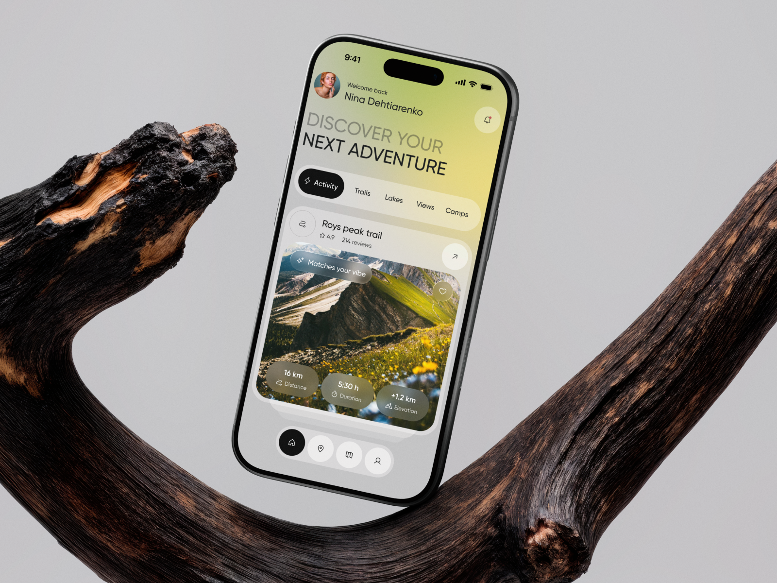 Hiking & Travel App | AI Vibe Matching & Glass UI | Figm app branding card design clean design dress illustration logo minimal ui