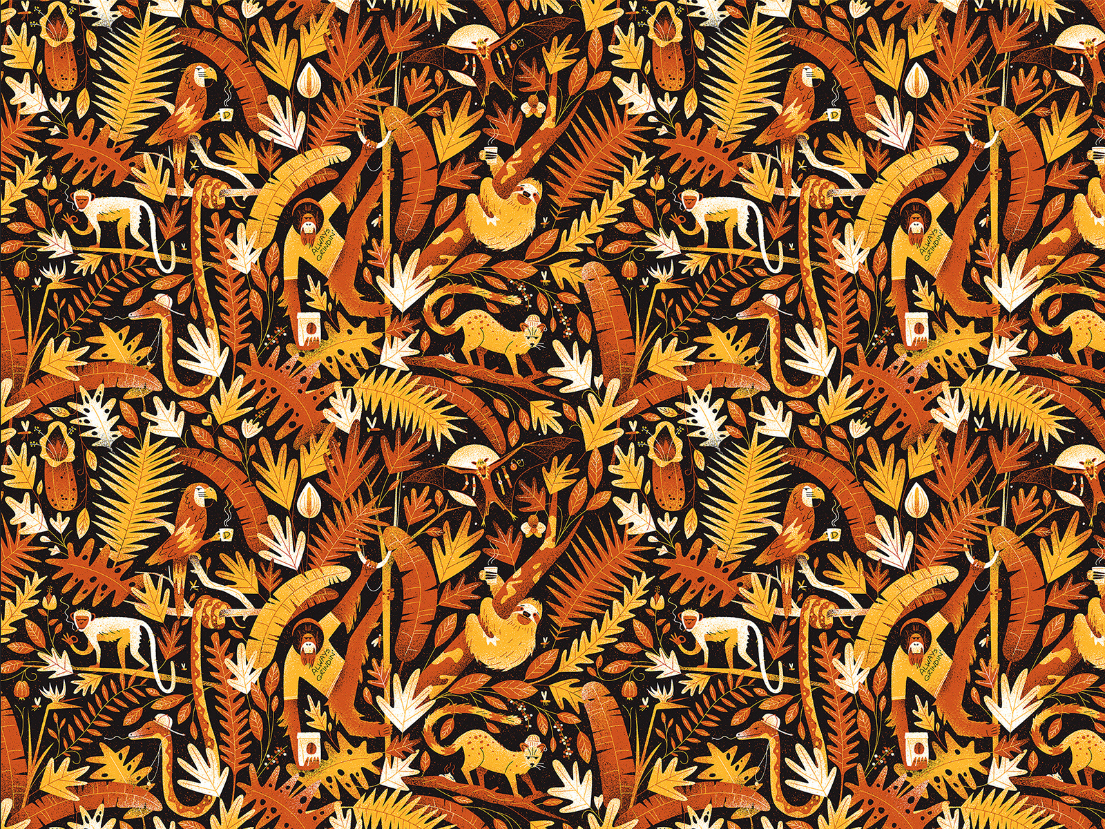 2019 adobe animals brush caffine characterdesign coffee creature handdrawn illustration jungle muti pattern photoshop plants wallpaper