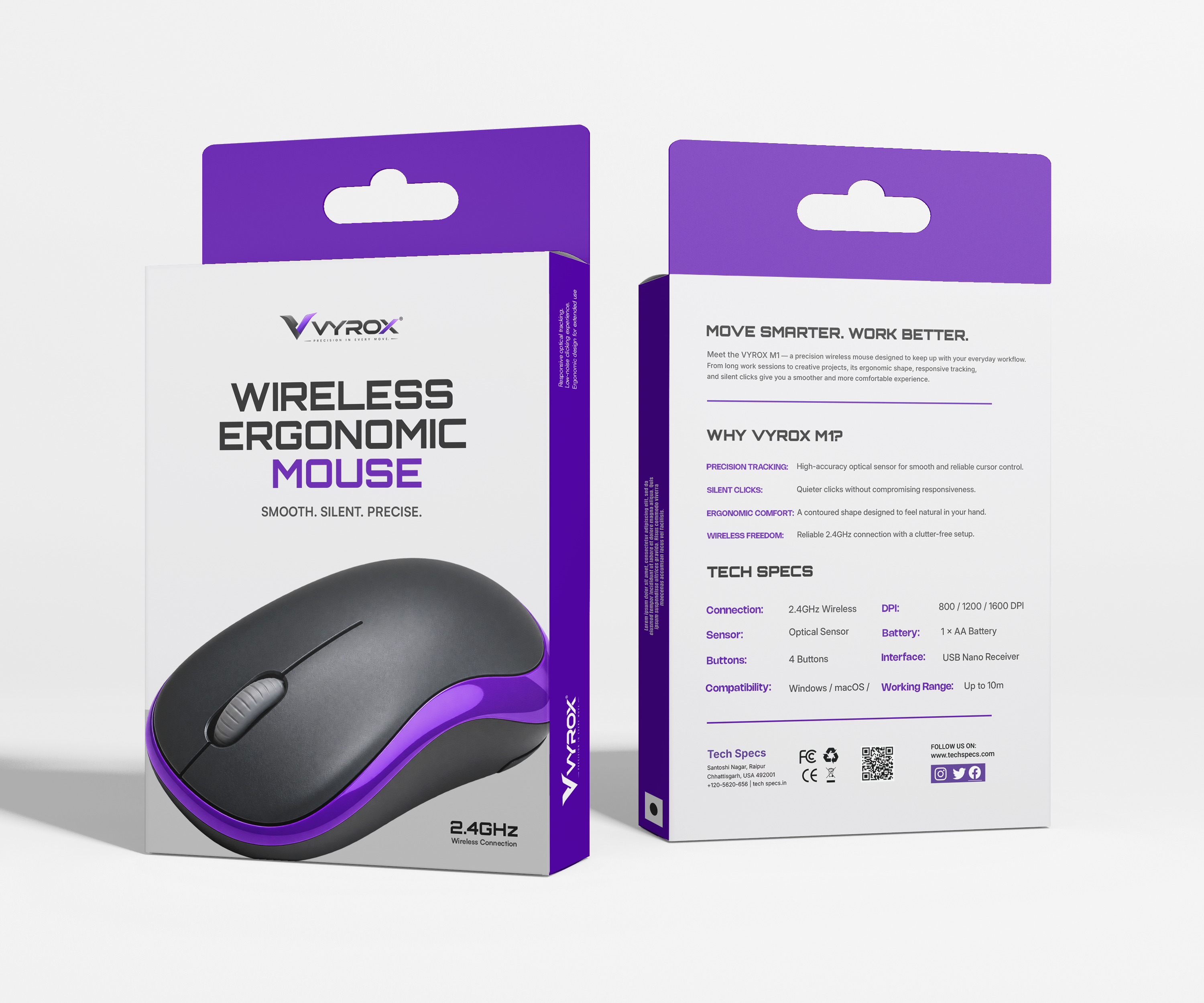 VYROX M1 — Wireless Ergonomic Mouse Packaging Design amazon packaging box design branding design graphic design illustration label design packaging design product label