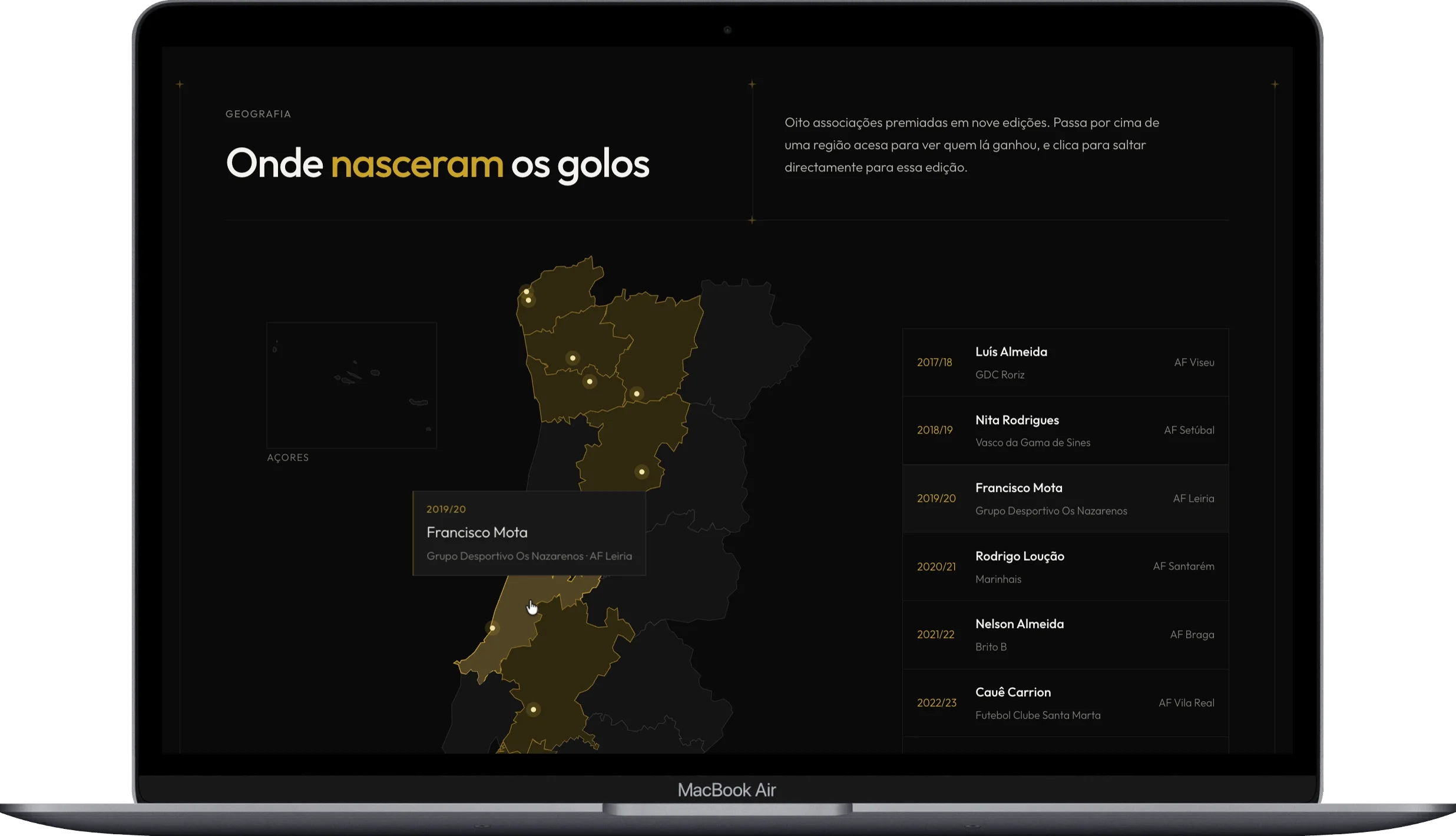 Interactive map - Puskas das Distritais award black dark football graphic design map onepage soccer sport ui ux web