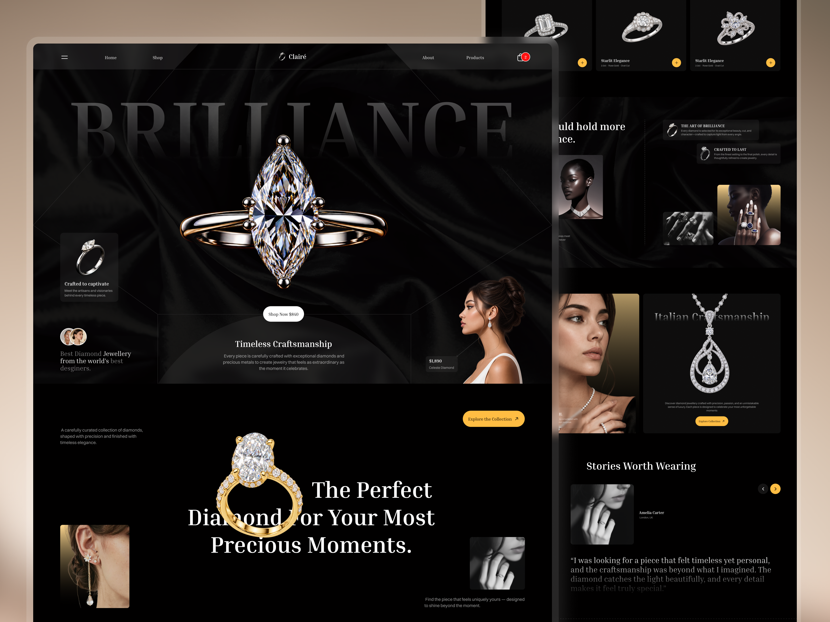 Clairé | Luxury Diamond Jewelry Website UI Concept design inspiration diamond jewelry editorial design fashion website figma jewelry ecommerce jewelry website luxury branding luxury jewelry luxury website premium ecommerce product design ui design ux design web design