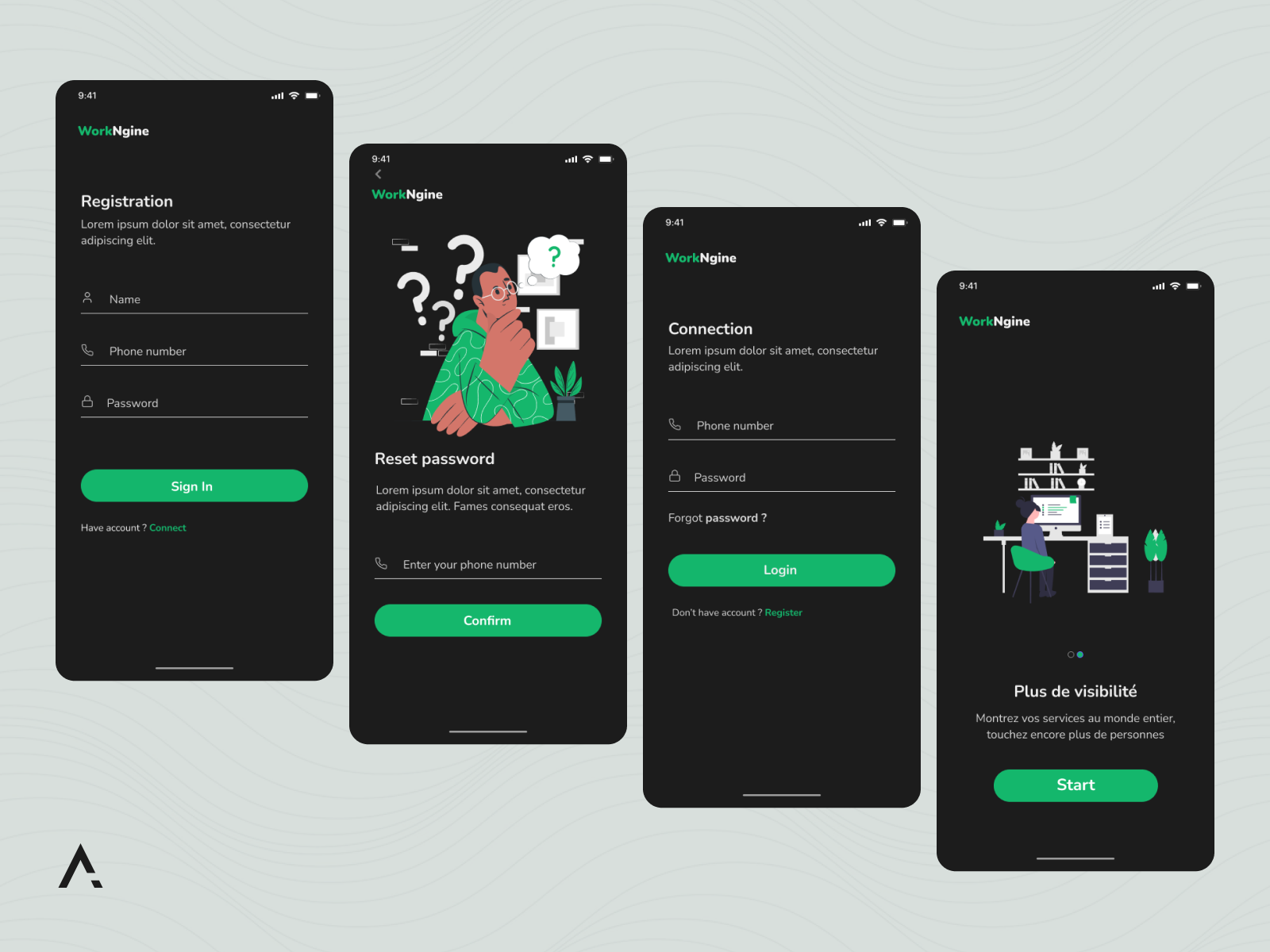 workNgine mobile App - Sign up screens app design login minimalist mobile onboarding sign in ui ux
