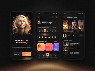 Career Wellbeing App app design career career app courses app figma interaction mentalhealth mobile mobile application mobile dashboard mobile ui playlist productivity splash screen ui uidesign ux wellbeing worklifebalance