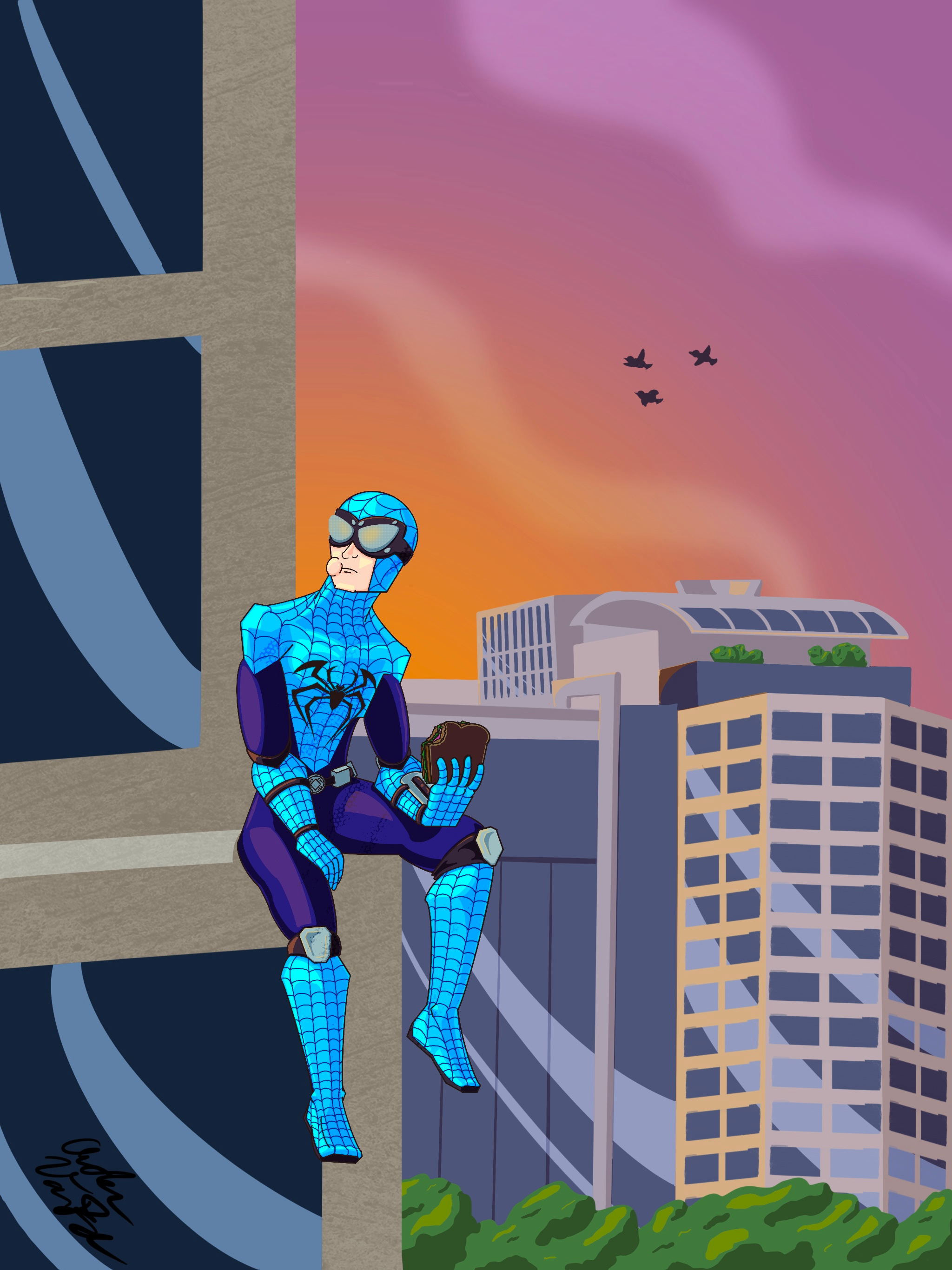 Spider-Sona arachnids avengers birds blue calm character design cityscape comic concept art design fan art graphic novel illustration marvel sandwhich spider man spiderman spiders superheroes symbiote