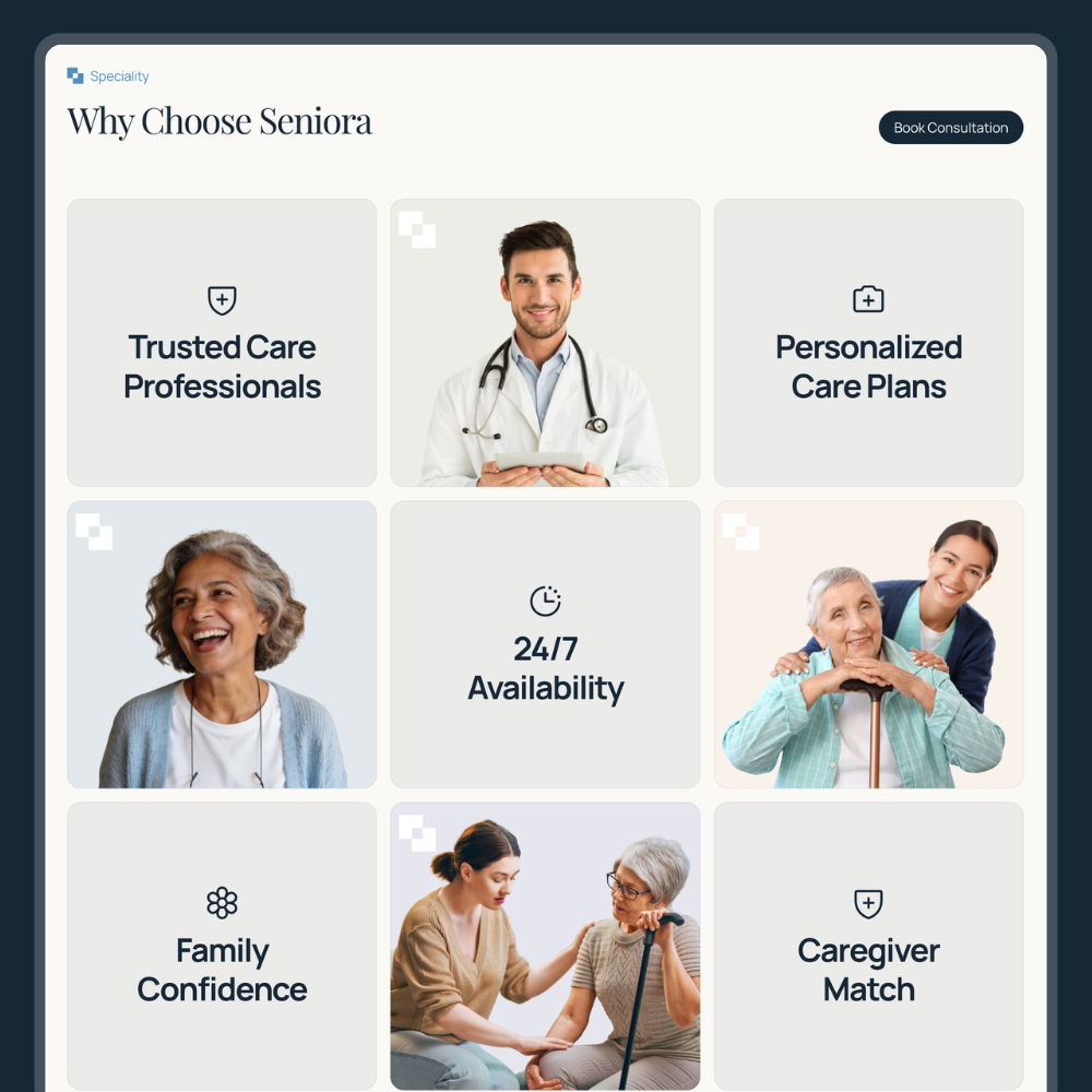 Seniora - Framer Website branding elder care elderly framer landing page framer website graphic design motion graphics template ui
