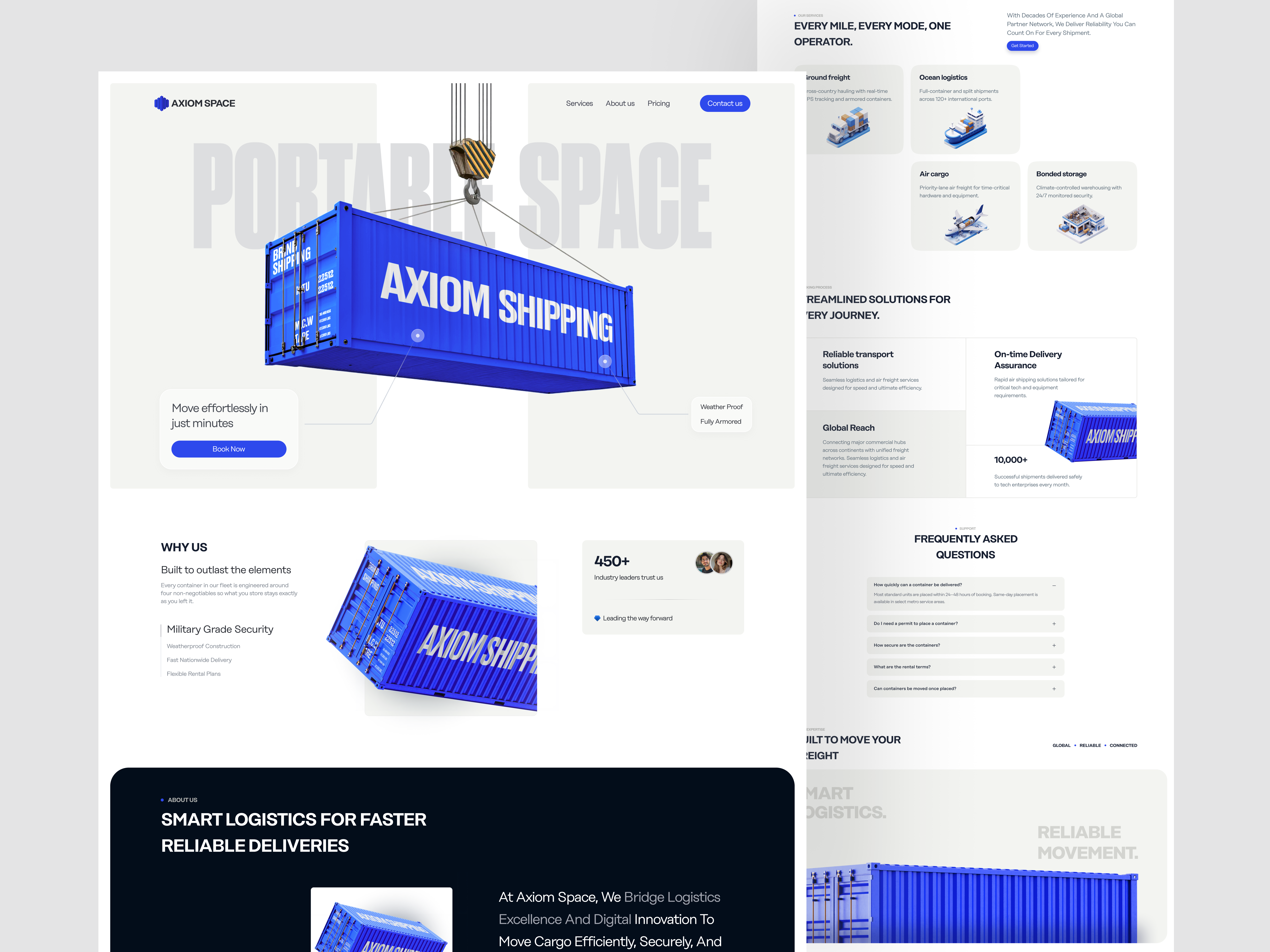 Logistics Company Web Design Landing Page blue and white design branding container design container landing page design figma landing page logistics logistics business design logistics landing page logistics website modern design modern landing page shipment business website shipment landing page shipping website ui ux website website design