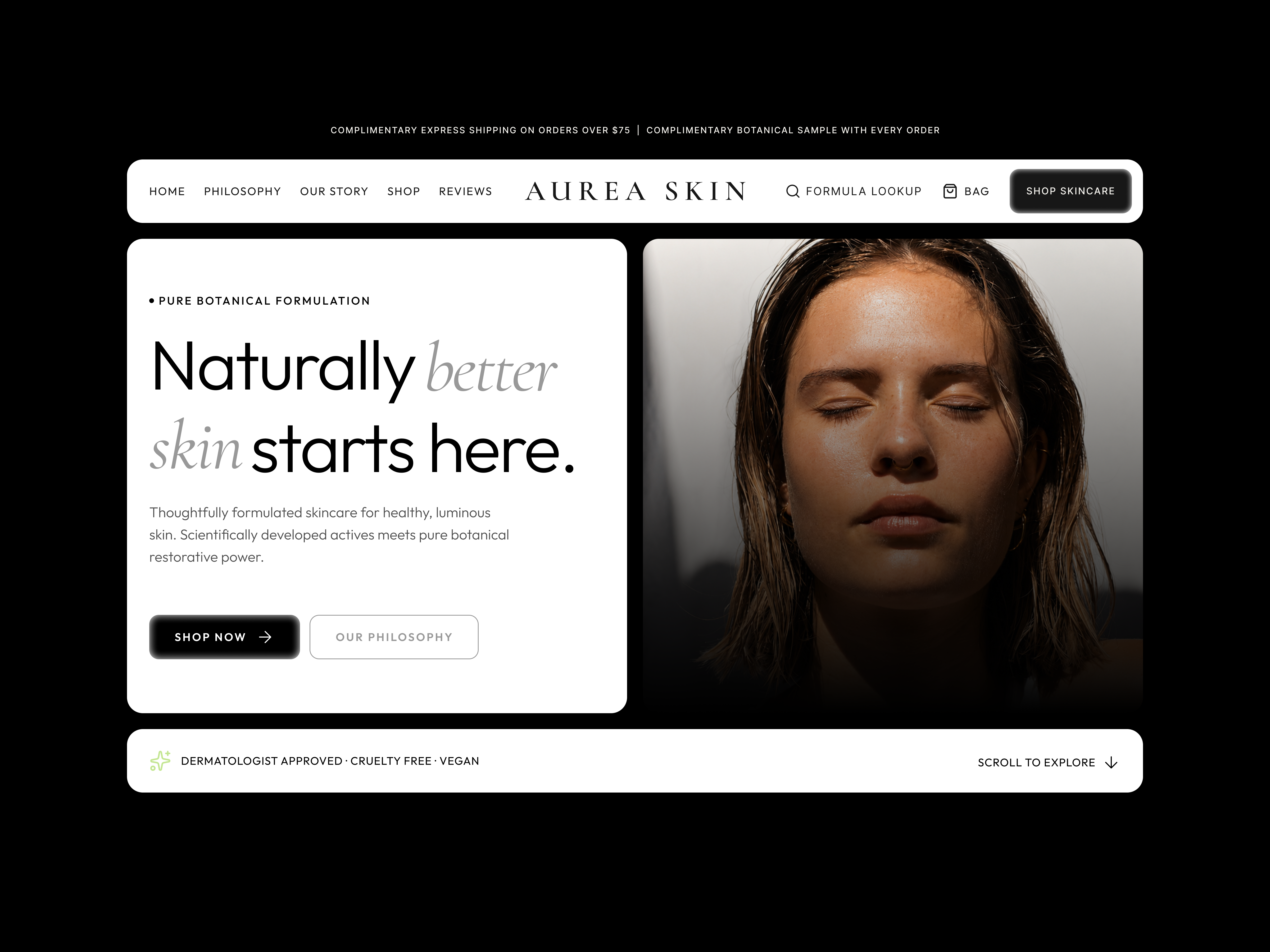 Premium Botanical Skincare Website Hero beauty brand beauty website botanical skincare cosmetic ui cosmetic website e commerce website luxury branding luxury skincare skincare brand skincare ui skincare website