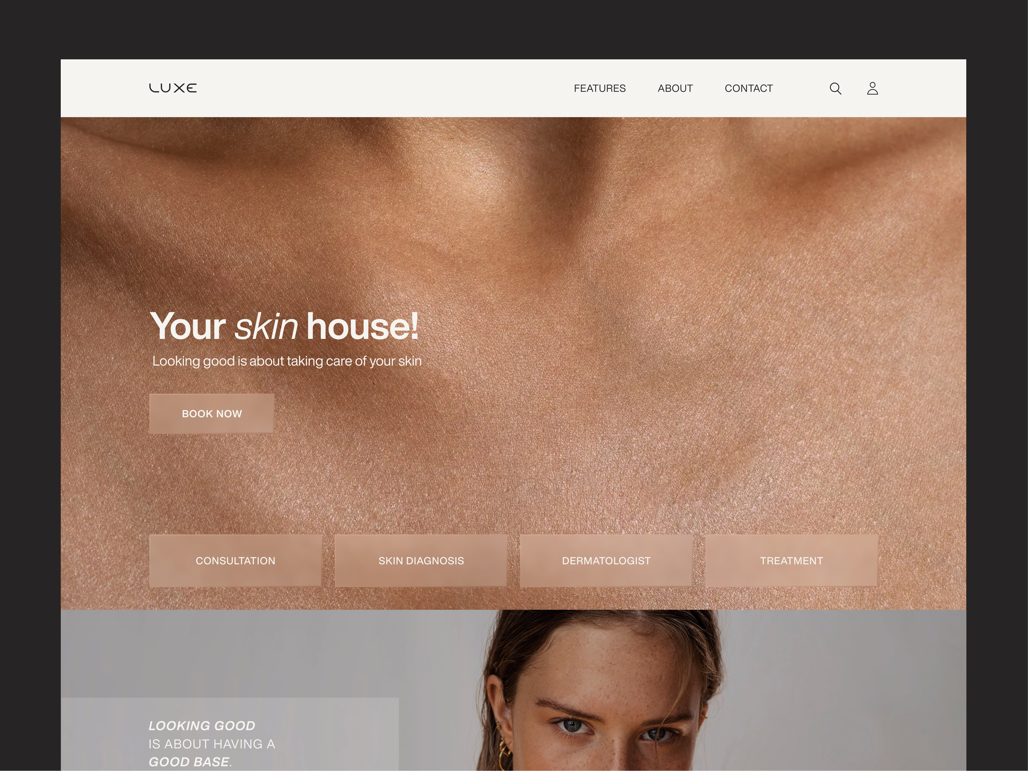 Luxe - Home Page UI branding home page design home page ui homepage landing page logo design skin skin clinic skincare ui uiux ux web design