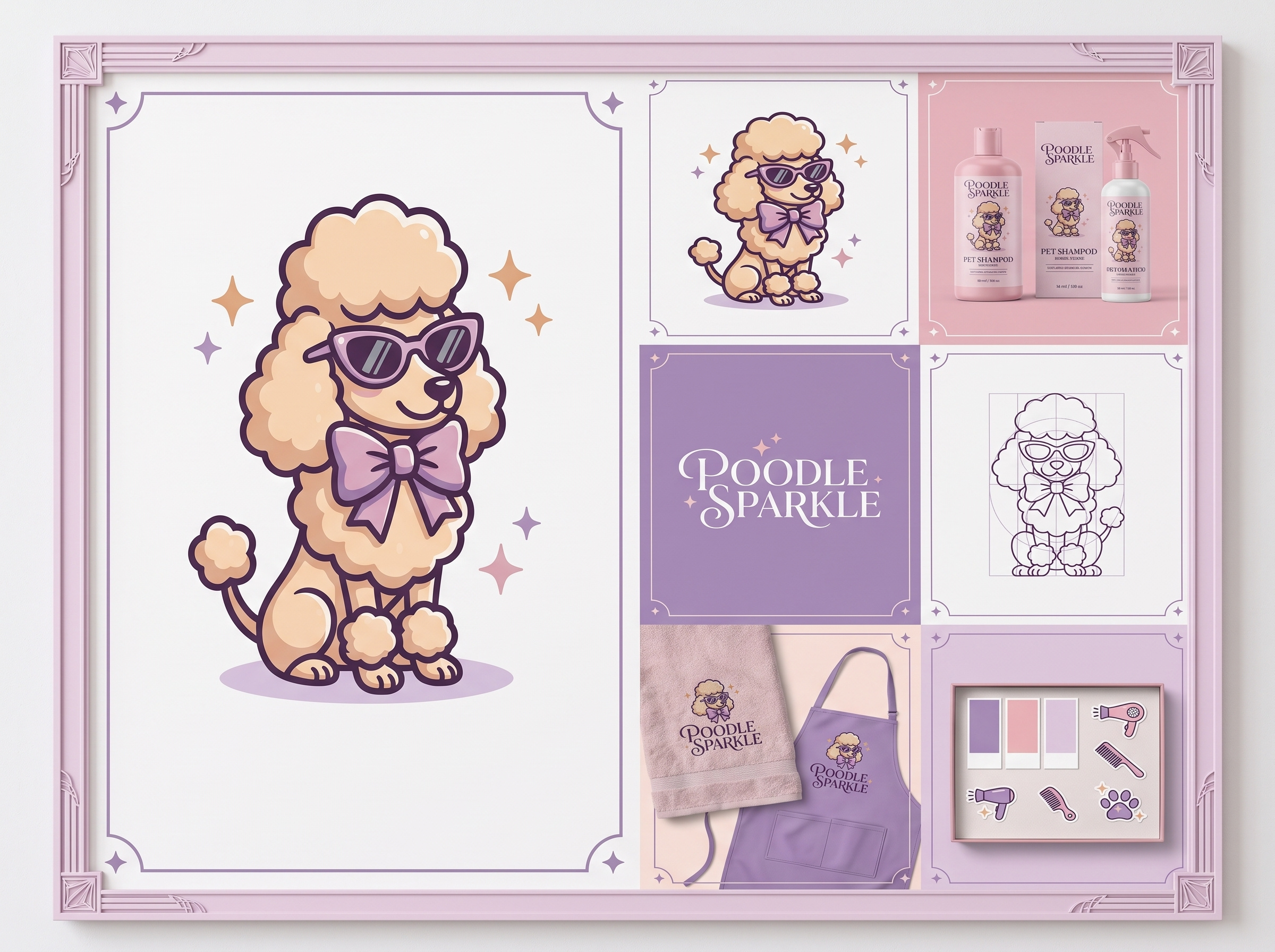 Poodle Sparkle - Brand Identity & Vector Mascot System bento grid brand guidelines brand identity branding presentation character design custom typography cute illustration dog mascot graphic design lifestyle brand logo design mascot design merchandise design minimalist branding packaging design pastel color palette pet care branding vector art vector illustration visual identity