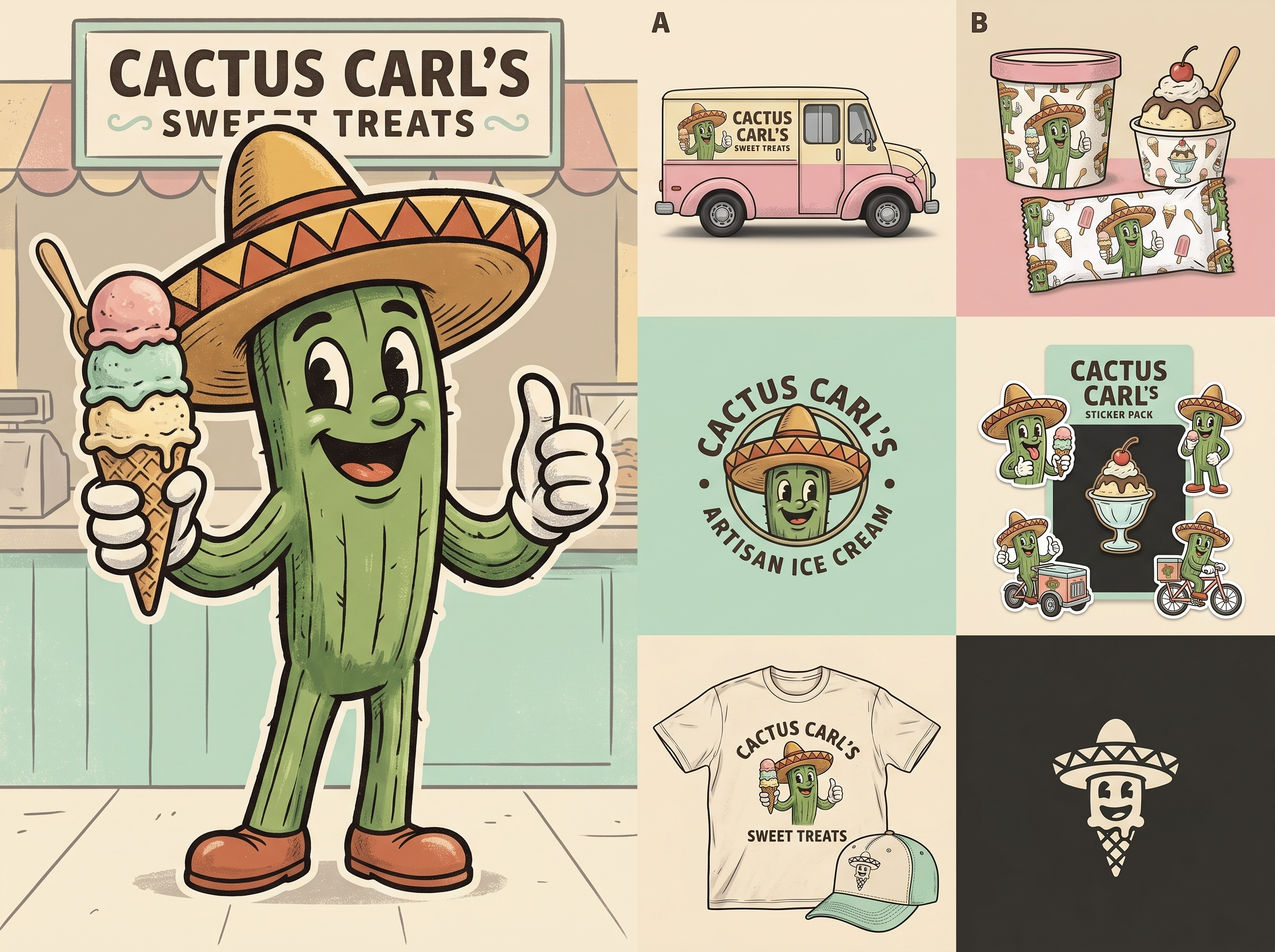 Cactus Carl's - Retro Mascot Brand Identity & Packaging badge logo brand identity branding presentation character design custom typography cute mascot food branding graphic design ice cream shop mascot design merchandise design packaging design retro branding rubber hose animation style sticker pack t shirt design vector art vector illustration vehicle wrap vintage logo