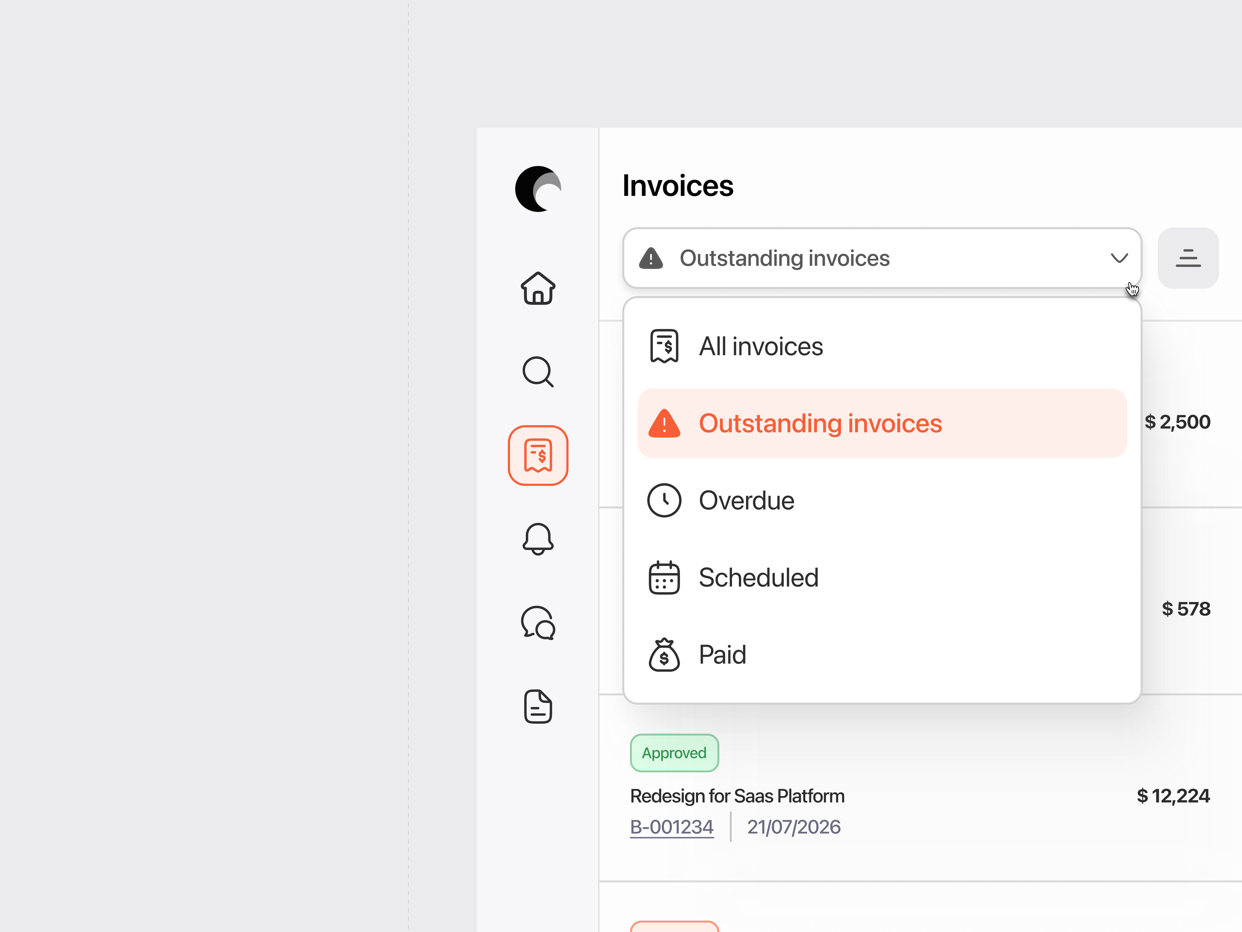 Invoice Management UI | Outstanding Invoices accounting ui billing dashboard clean ui crm ui dashboard ui figma design finance ui invoice dashboard invoice management invoice ui minimal ui modern ui outstanding invoices overdue invoices payment ui product design saas ui ui design ux design web app design
