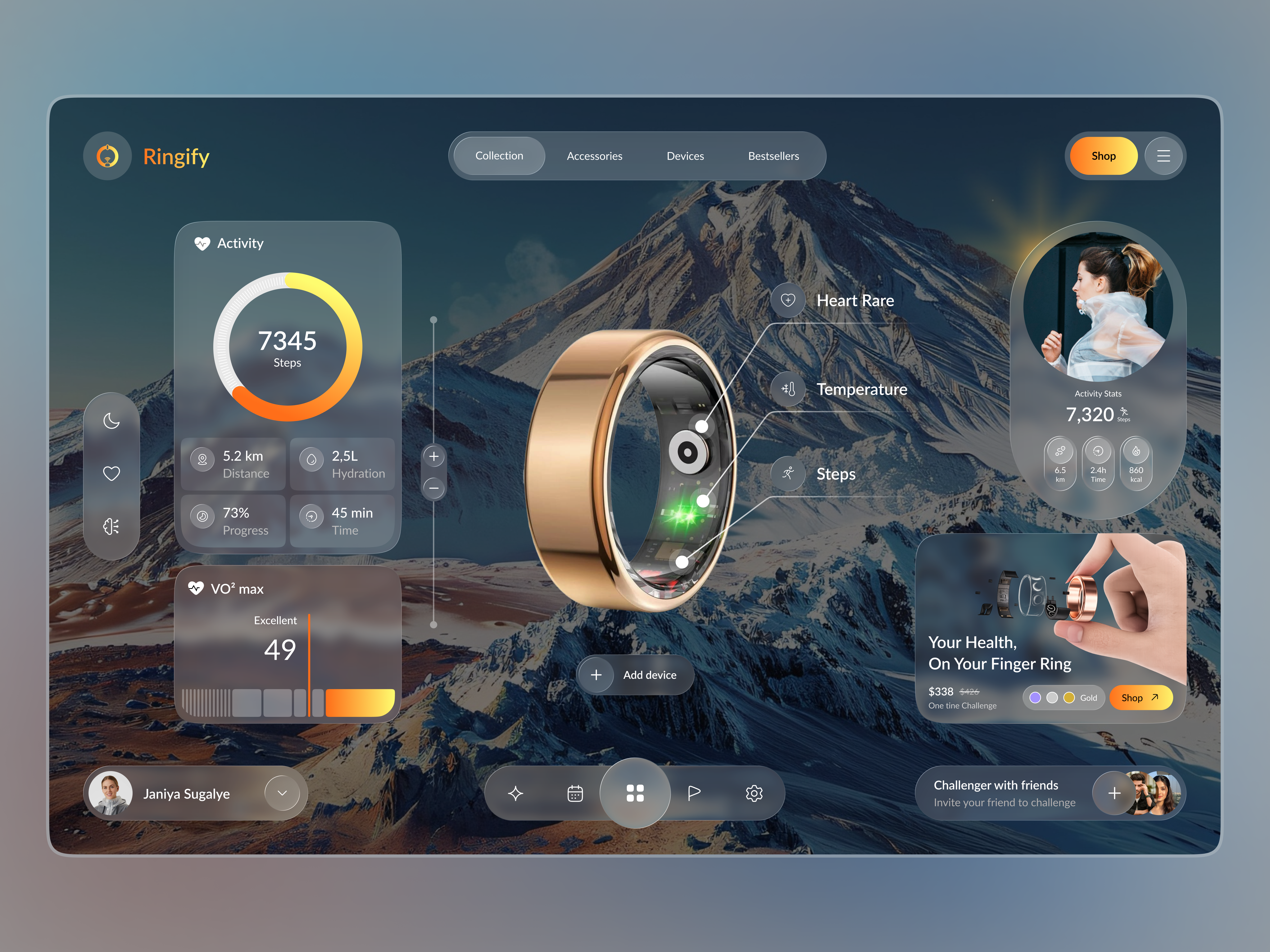 Smart Ring App | Wearable Health & Fitness UI data visualization ecommerce ui fitness app fitness dashboard fitness tracking health analytics health app health dashboard health tech health tracking mobile ui product design smart device smart ring smart wearable ui design ux design wearable app wearable technology web ui