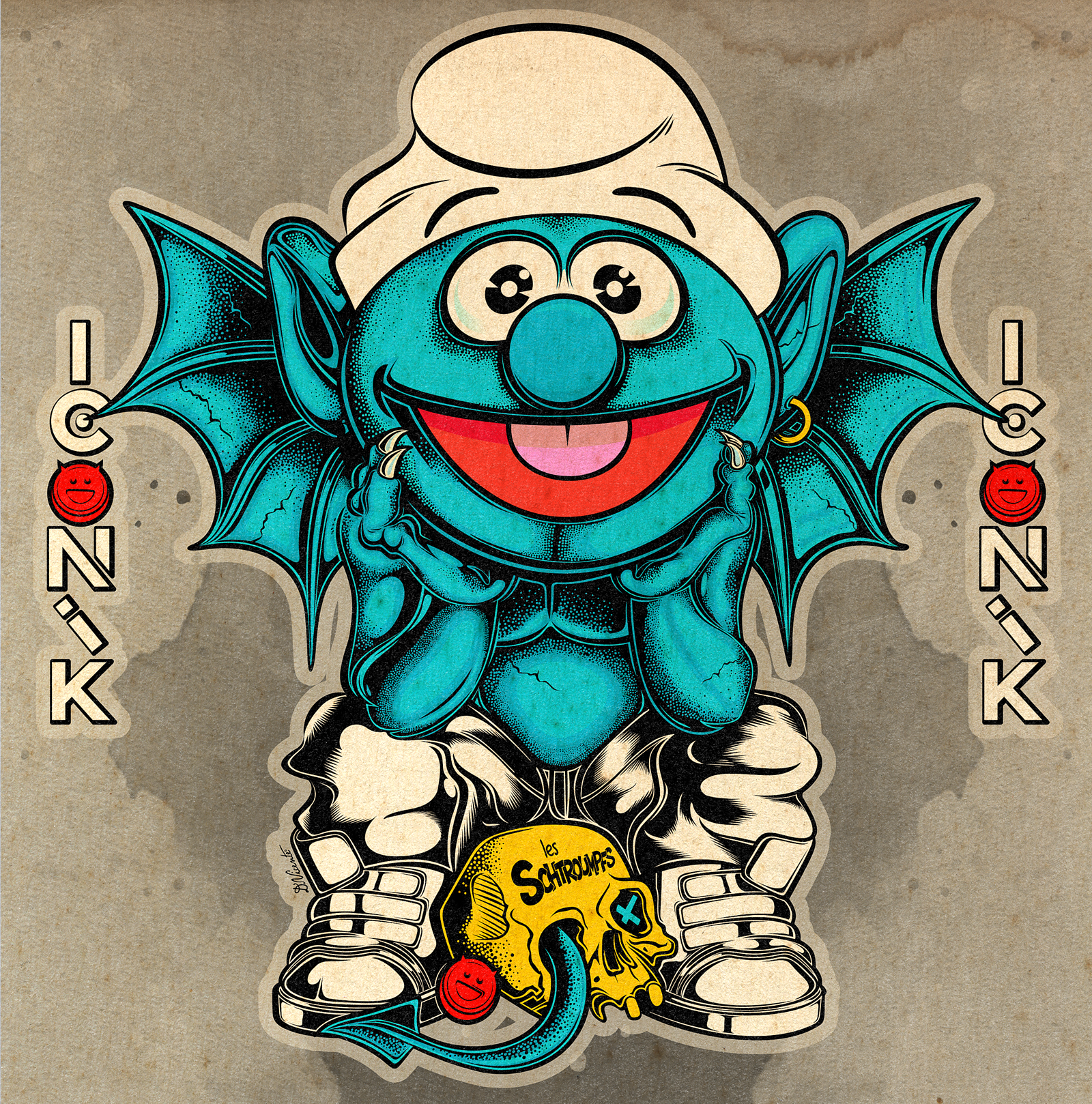WILD CHILD ICONIK #41 - THE SMURFS belgian comics cartoon art character design collectible art comic character creature design detailed linework gargoyle art iconik illustration les schtroumpfs lowbrow art monster design peyo pop culture art smurf art stippling art teen gargoyle the smurfs wild child