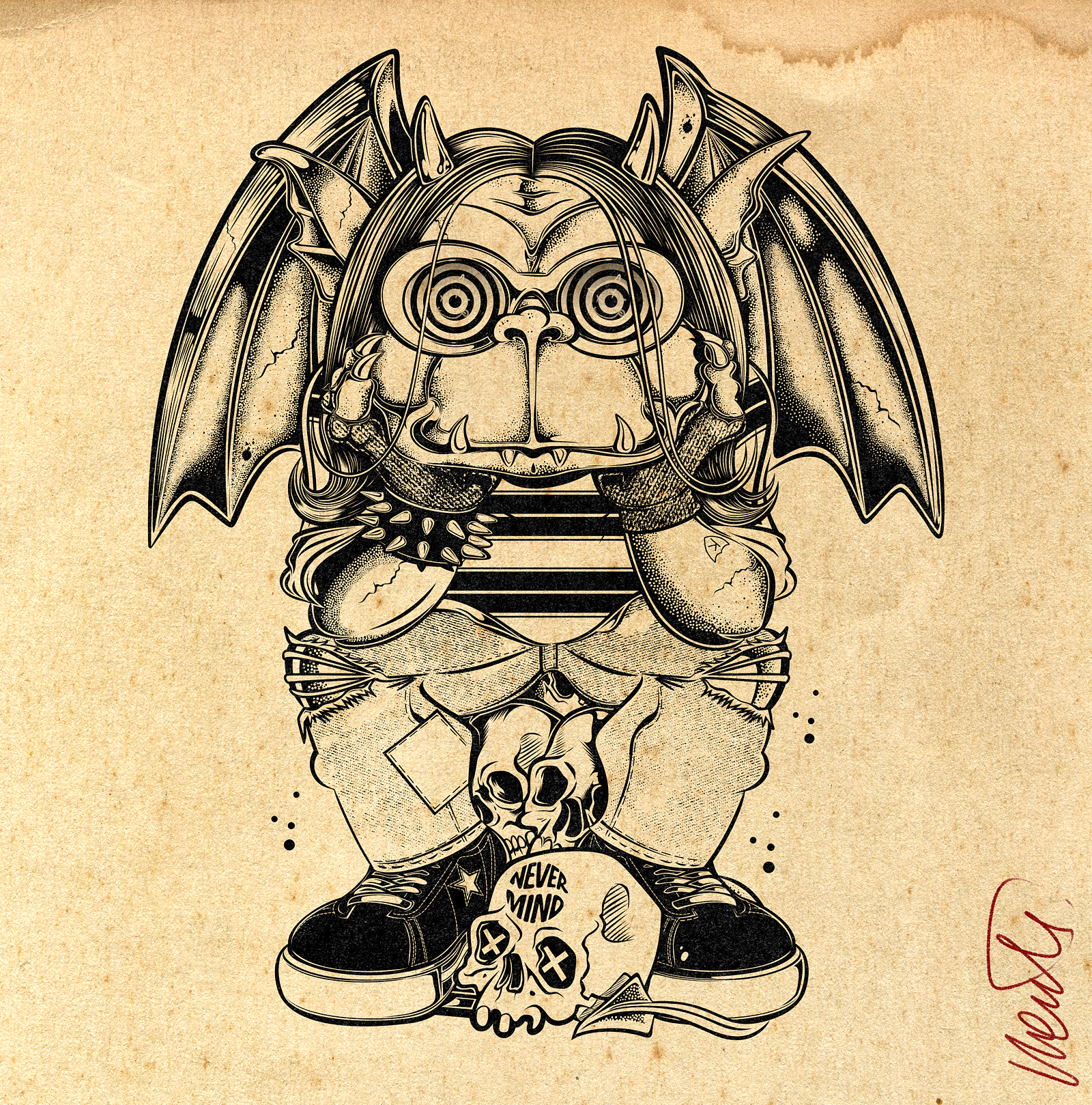TEEN GARGOYLE DRAWING - KURT COBAIN INK 1990s music alternative rock black and white art character design detailed linework gargoyle drawing grunge art grunge music illustration ink drawing kurt cobain lowbrow art monochrome illustration music illustration nevermind nirvana pop culture art rock portrait stippling art teen gargoyle