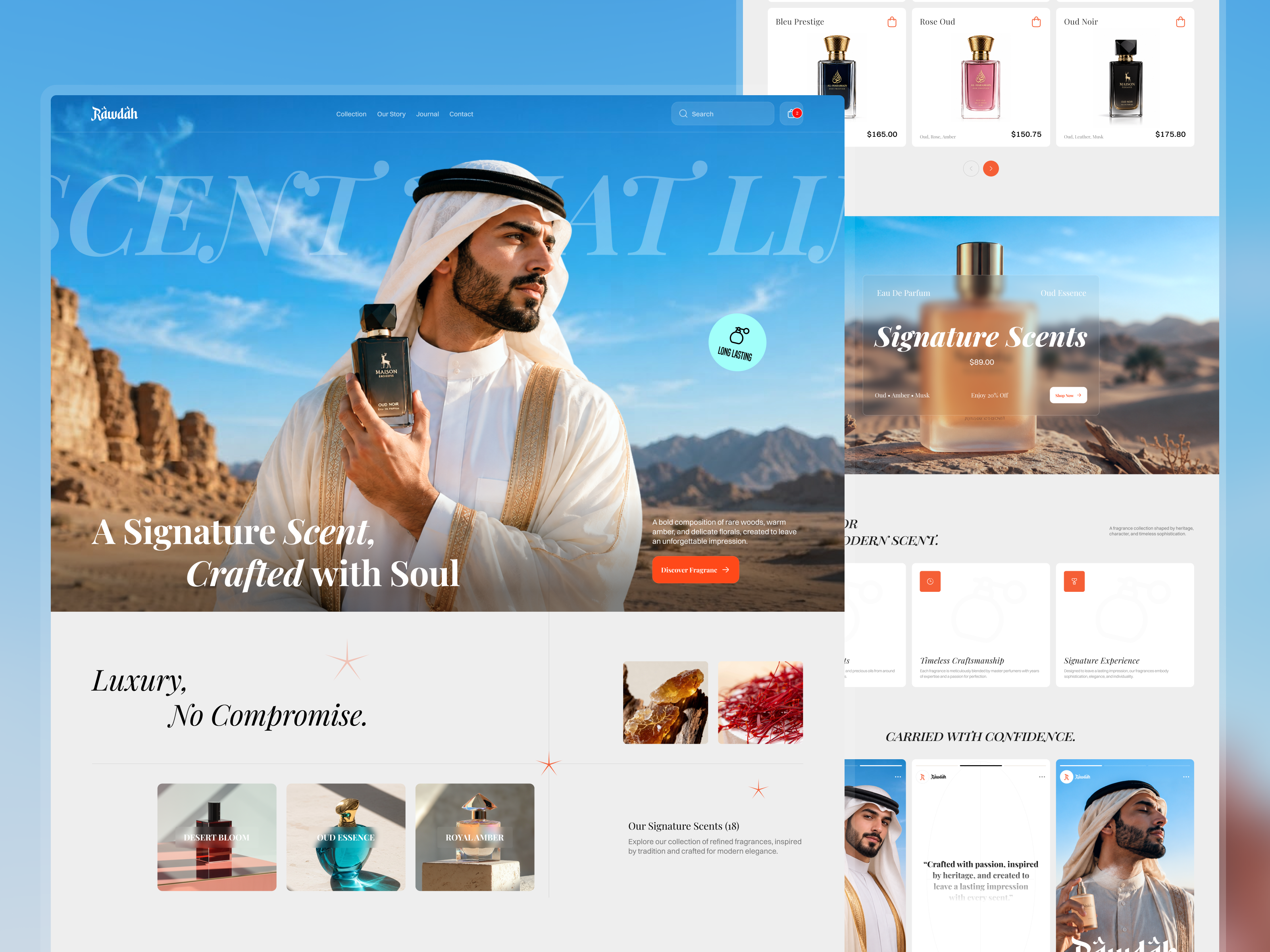 Rawdah | Luxury Fragrance Website UI Concept arabian luxury brand experience design inspiration ecommerce design figma fragrance ecommerce luxury fragrance luxury website perfume design perfume website premium website product design ui design ux design web design