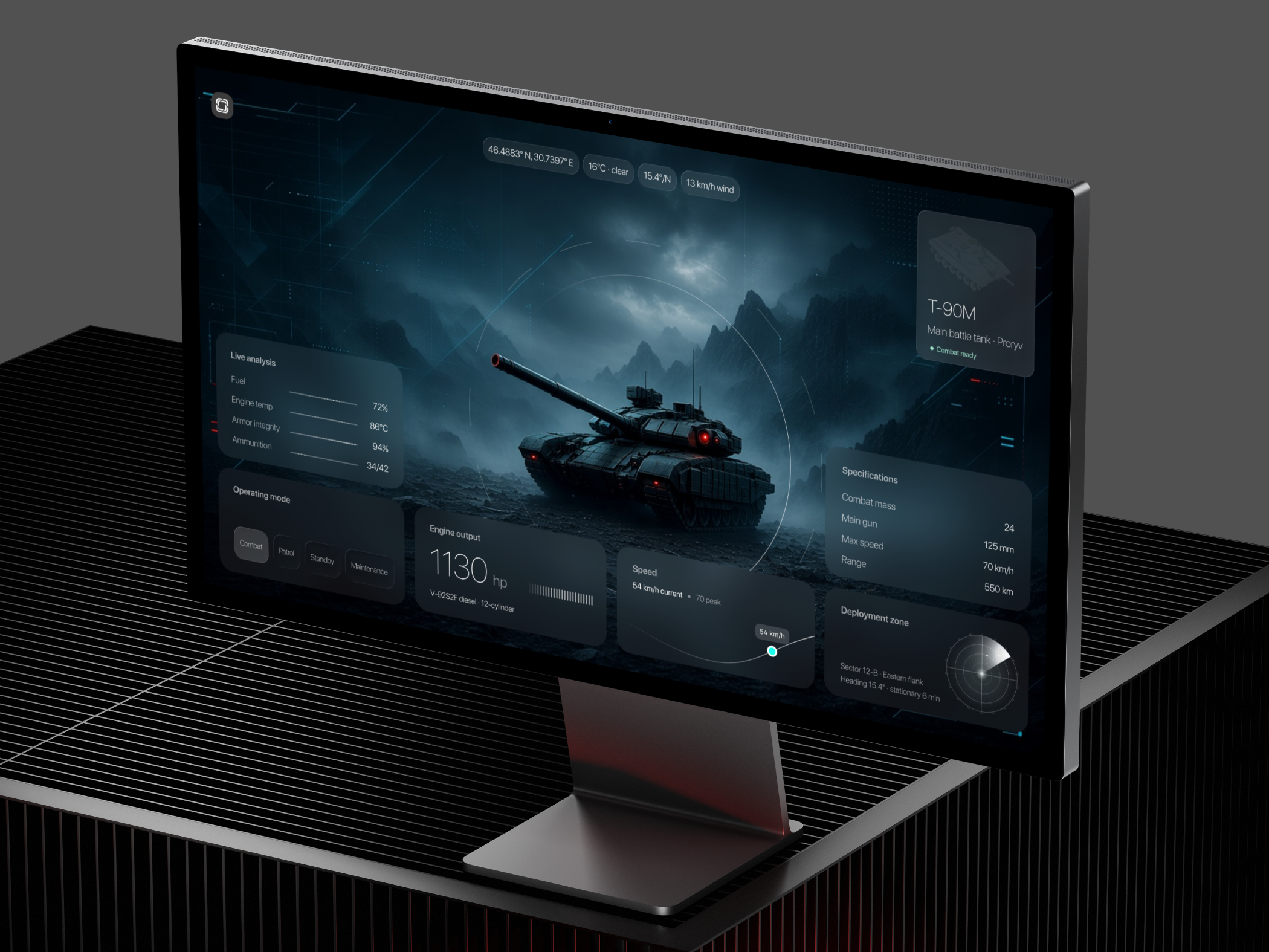 T-90M Dashboard UI · Military HUD Concept chart control panel dark theme dashboard data visualization game glassmorphism hud military product design saas dashboard ui