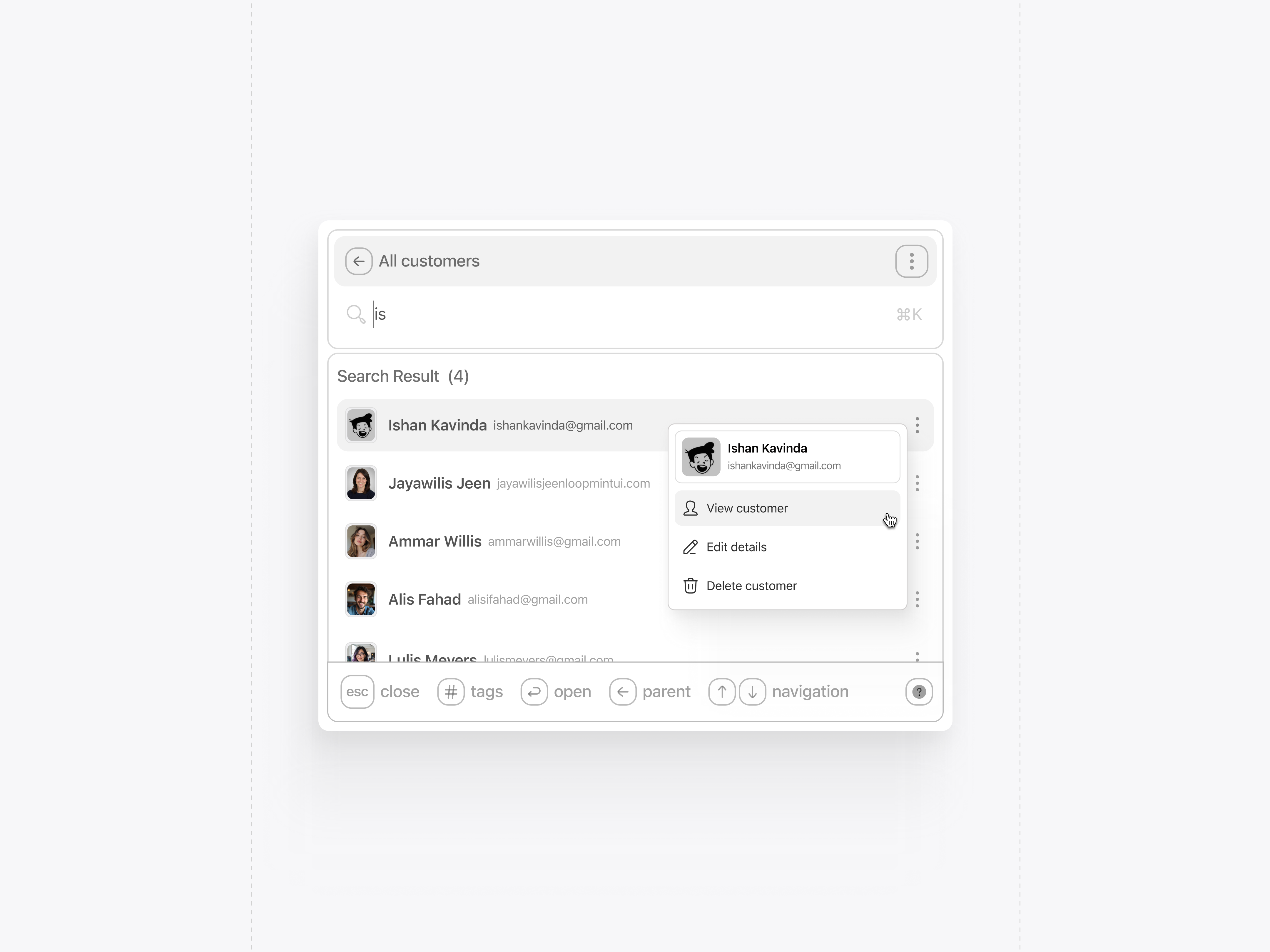 Customer Search | CRM Search Experience command palette crm crm ui customer management customer search dashboard ui figma interaction design product design saas search ui ui design user experience user interface ux design web app