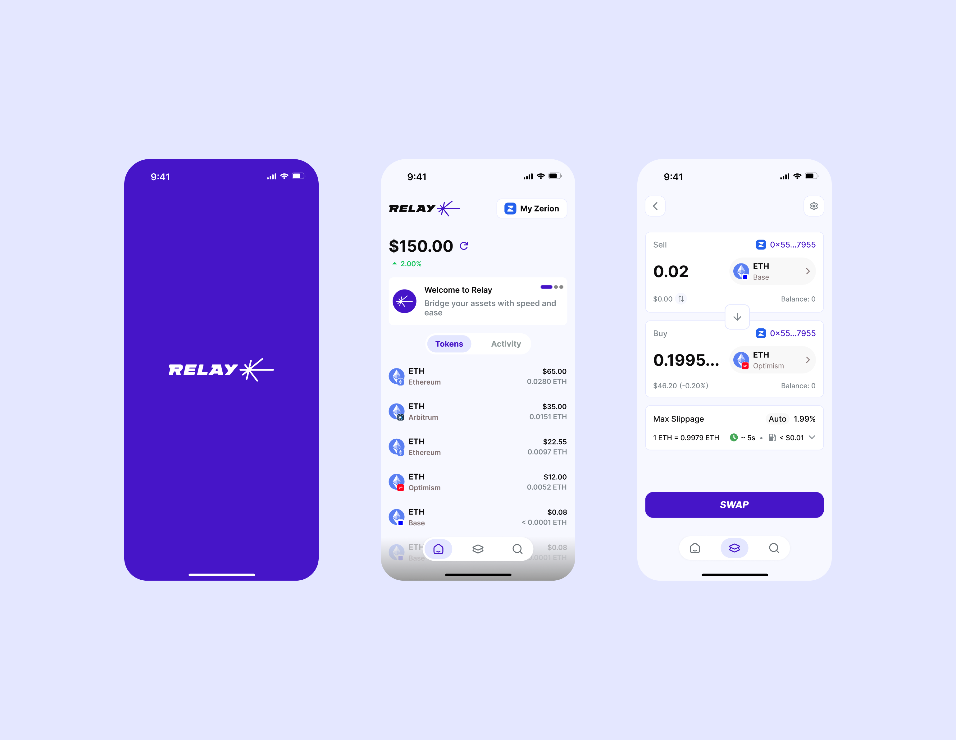 Relay — Mobile Bridge & Swap UI Concept app blockchain crypto cryptocurrency app dapp defi digital asset app figma finance app fintech app mobile design purple swap ui ui design ux web3
