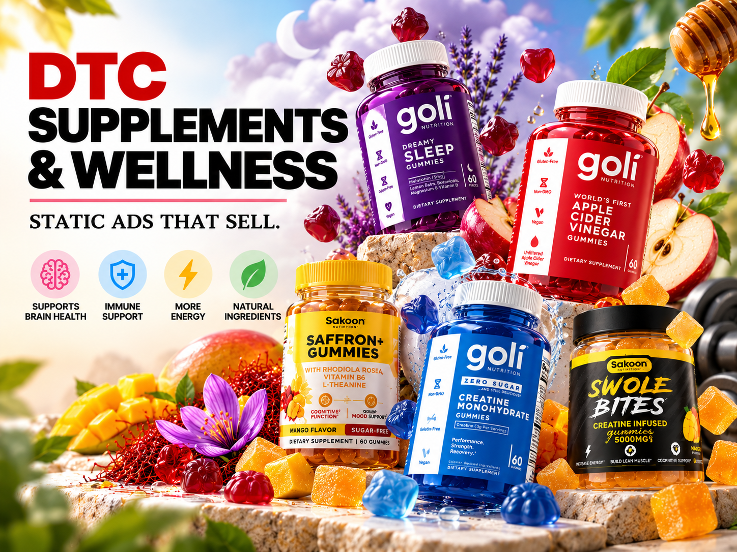 DTC Supplements | Paid Social Static Ads That Sell ad creative ad design advertising conversion design creative direction creative strategy design digital advertising direct response dtc ecommerce facebook ads instagram ads meta ads performance creative performance marketing static ads supplement ads supplements ui