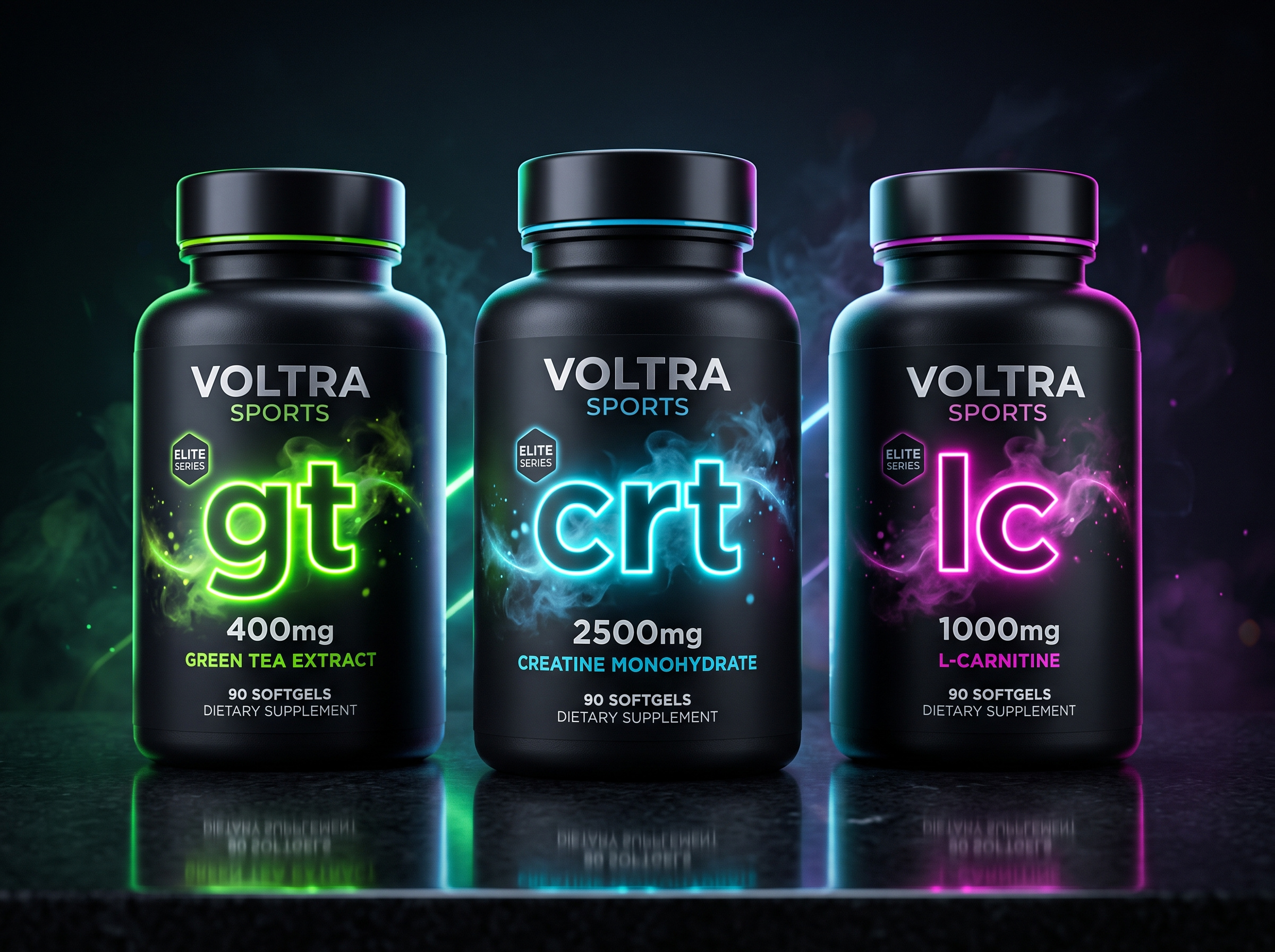 Supplement Bottle Label Design For Voltra Sports amazon packaging bottle label design brand identity capsule bottle design creatine packaging dark packaging dietary supplement fitness supplement green tea extract l carnitine label design neon design packaging design product design product packaging softgel packaging sports nutrition supplement branding supplement label design supplement packaging