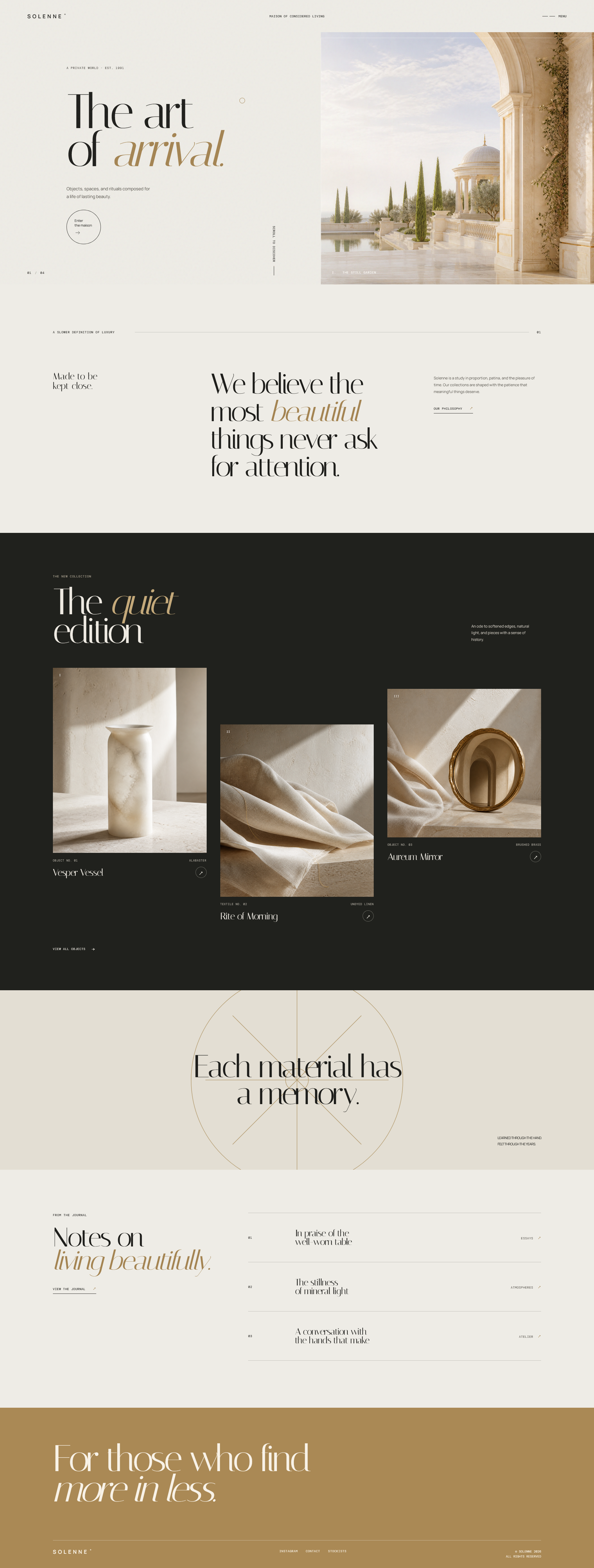 Solenne — Quiet Grandeur artdirection branding editorialdesign landingpage luxurybranding ui ux webdesign
