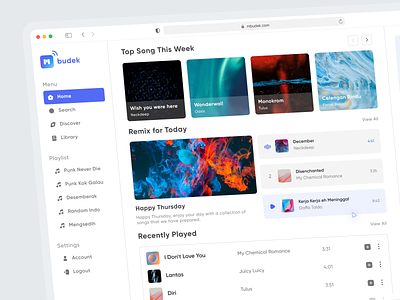 Mbudek - Music Dashboard album concert dashboard dashboard music live media media player music music player play playlist product design radio song streaming ui uidesign uiux