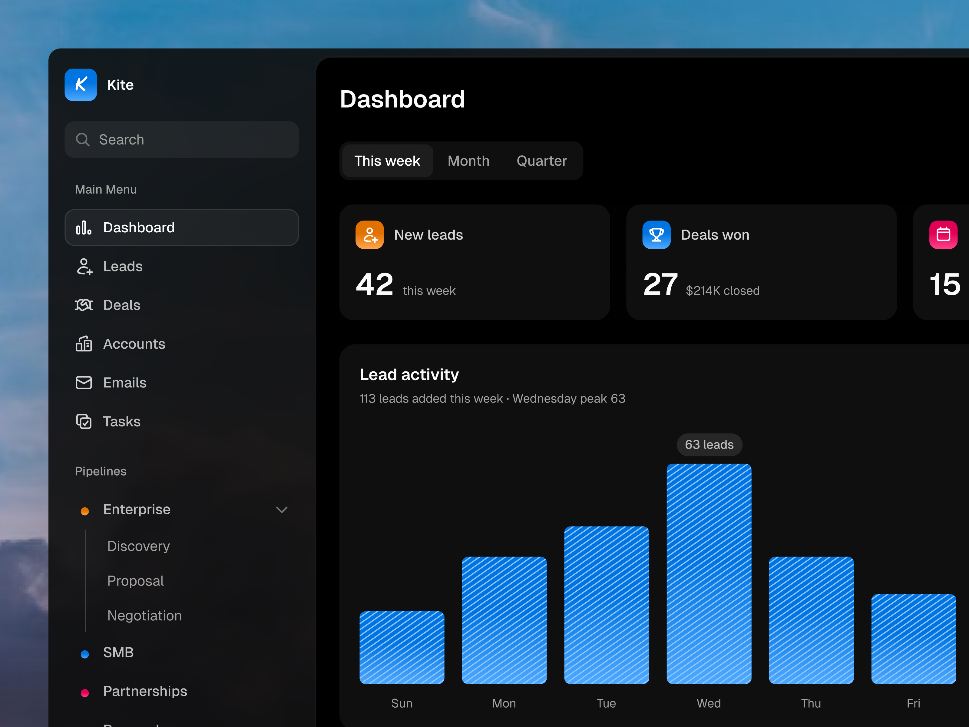 CRM Dashboard - Kite chart crm crm dashboard crm ui dark dark mode dark ui dashboard dashboard ui data gradient chart saas ui uidesign web web crm webapp