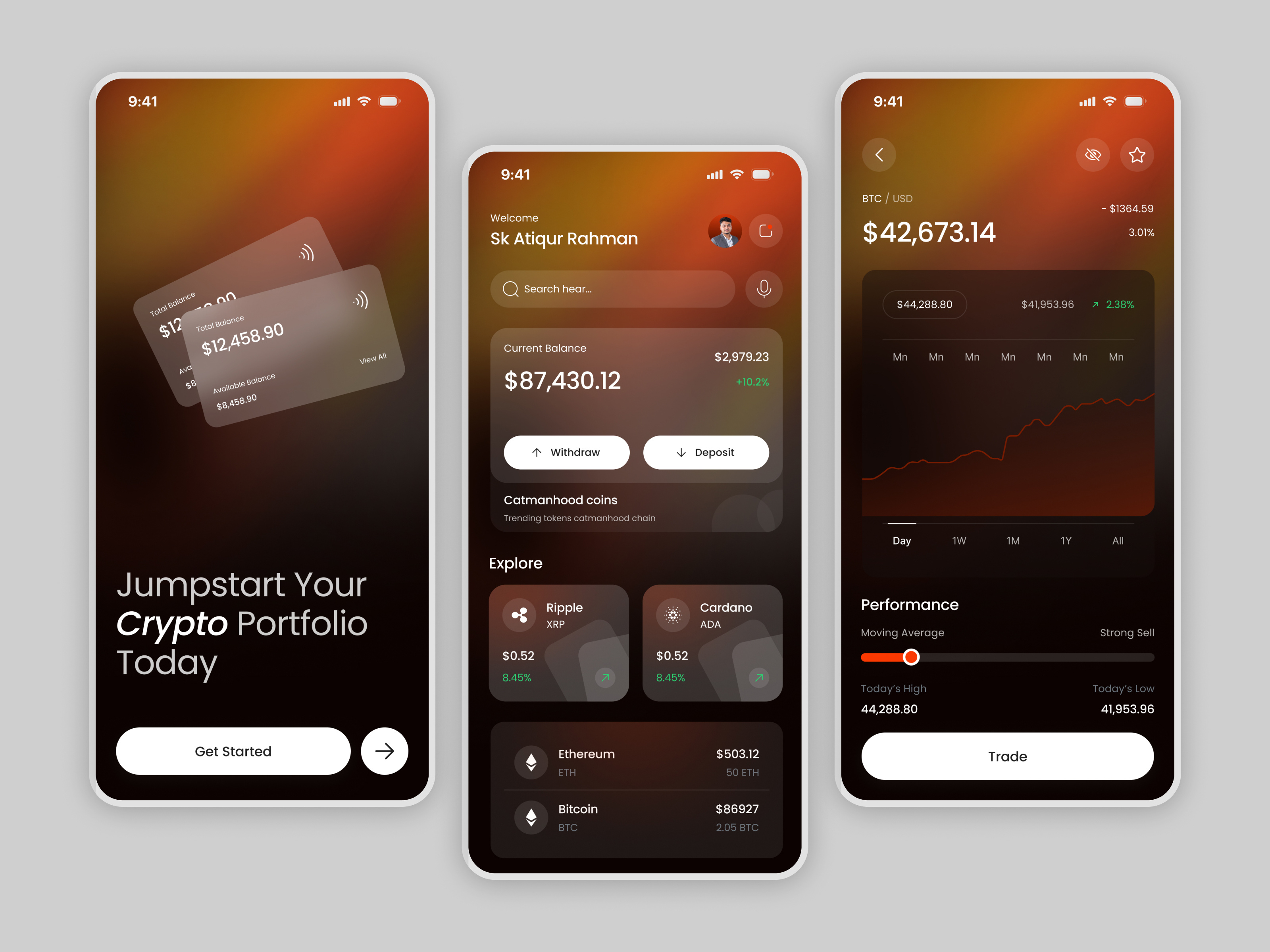 Crypto Wallet App app design bitcoin crypto crypto wallet cryptocurrency dark ui dashboard ethereum finance fintech fintech design mobile app mobile ui trading ui design uiux ux design wallet web3