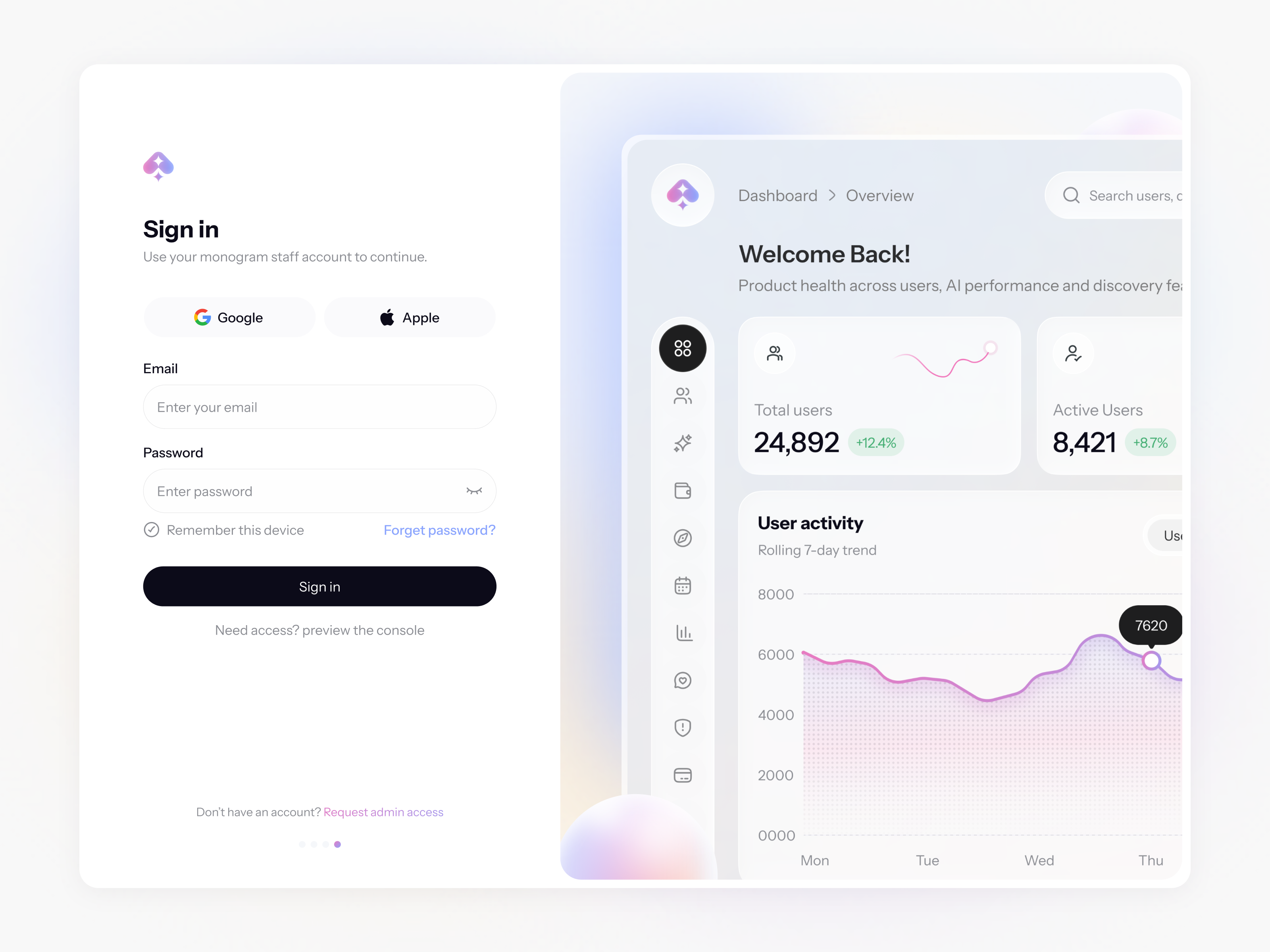 Monogram AI SaaS Admin Dashboard & Sign-In Web App Design admin template react ai admin console ai platform design analytics dashboard design log in login monogram ai saas dashboard ui saas product design saas ui design sign in signin user management ui web app ui ux