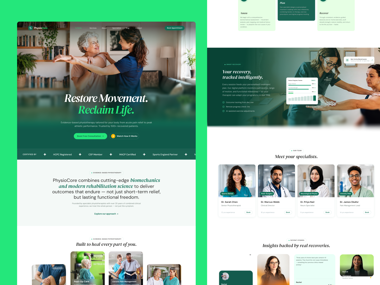 PhysioCore — Healthcare Branding & Physiotherapy Website Design healthcare brand identity healthcare branding healthcare design healthcare ui · healthcare ux healthcare website medical branding medical ui medical web design medical website design patient portal physical therapy physio website physiotherapy branding physiotherapy website rehabilitation website responsive web design ui ux design web design wellness branding