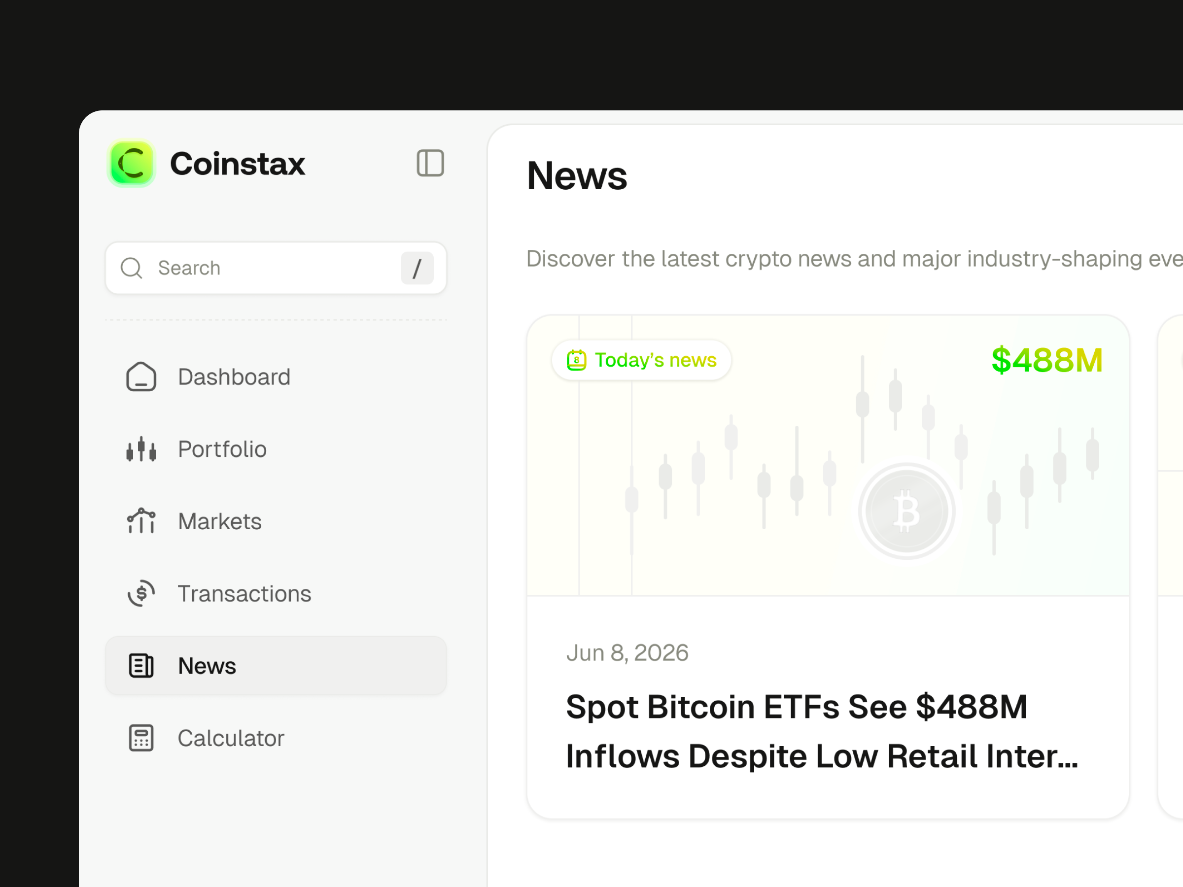Coinstax: Crypto News Card blockchain forum blockchain news clean coinstax crypto crypto app crypto news illustration news card news card thumbnail news portal news thumbnail ui ui design user interface web3 dashboard web3 news