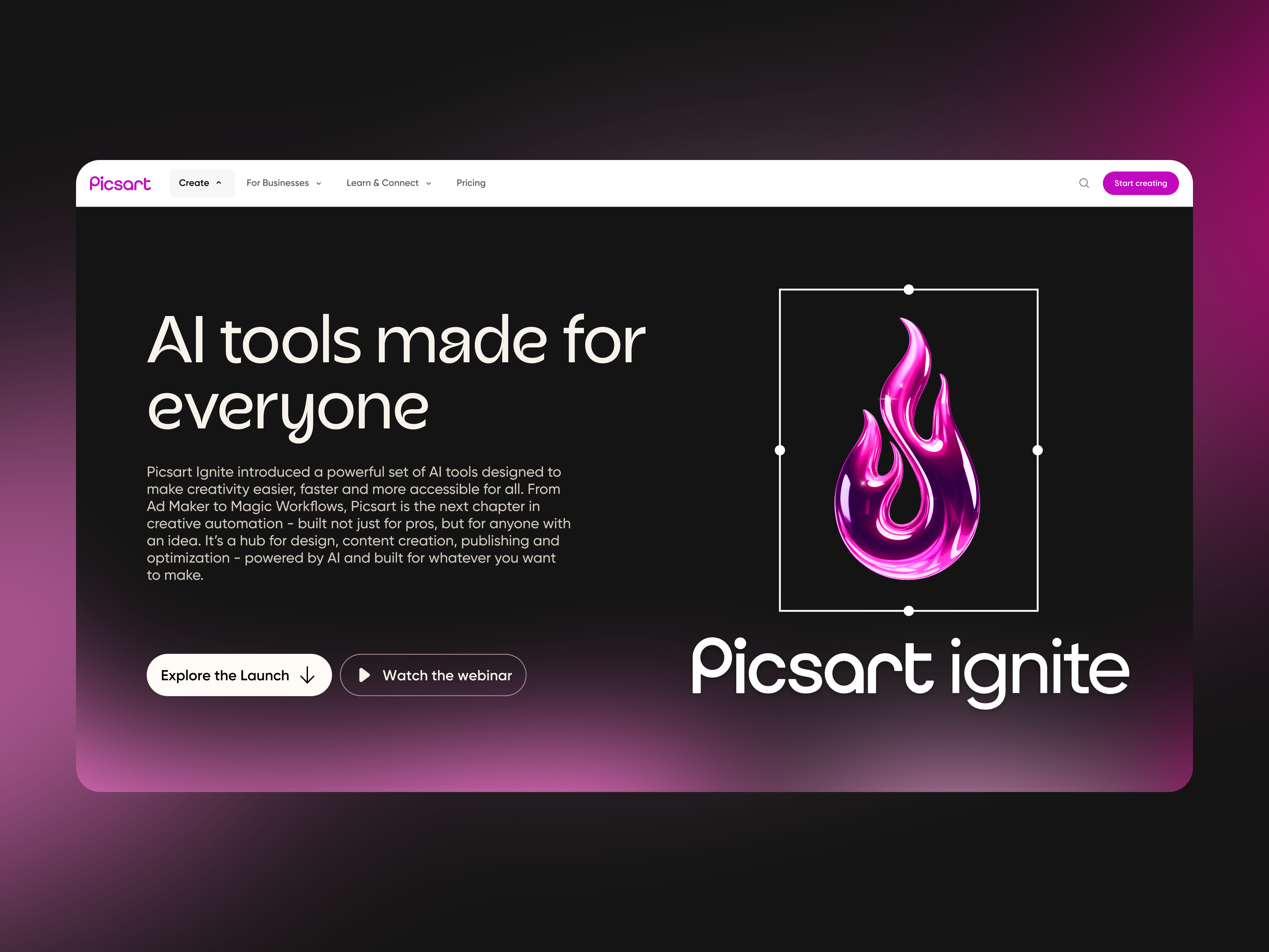 Picsart Ignite — AI Campaign Landing Page ai tools artificial intelligence campaign design creative tools dark ui figma landing page marketing website picsart product design responsive design saas ui design ux design web design