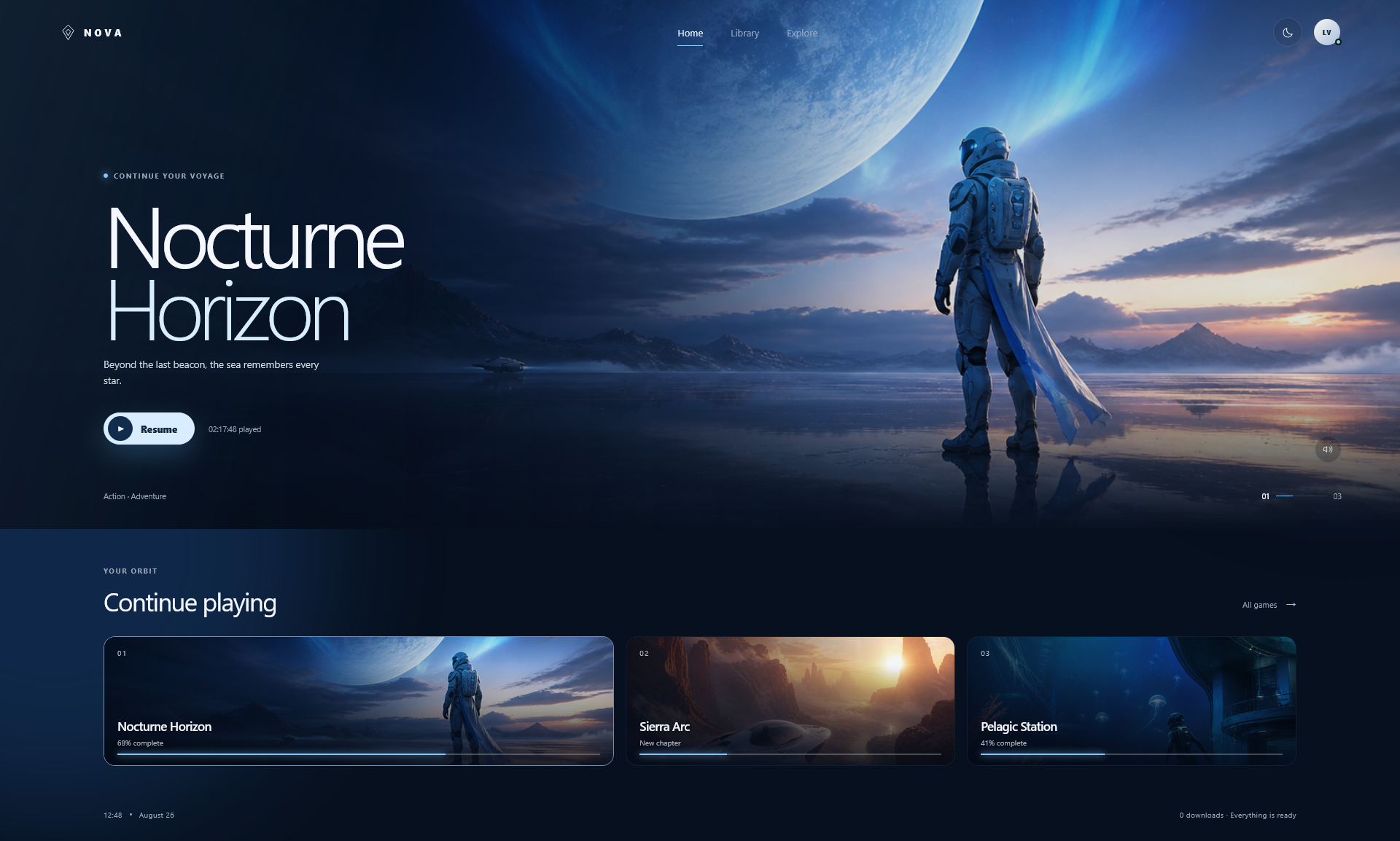NOVA — A Digital Game Library concept design dark mode dashboard design game design gaming ui gaming ux interaction design light mode uiux design web design