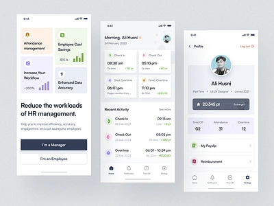 Employee Self Service App app design application attendance clean employee app employee management employee self service ess ess mobile app hr hr management hris human resource minimalist mobile app onboarding pastel profile saas ui