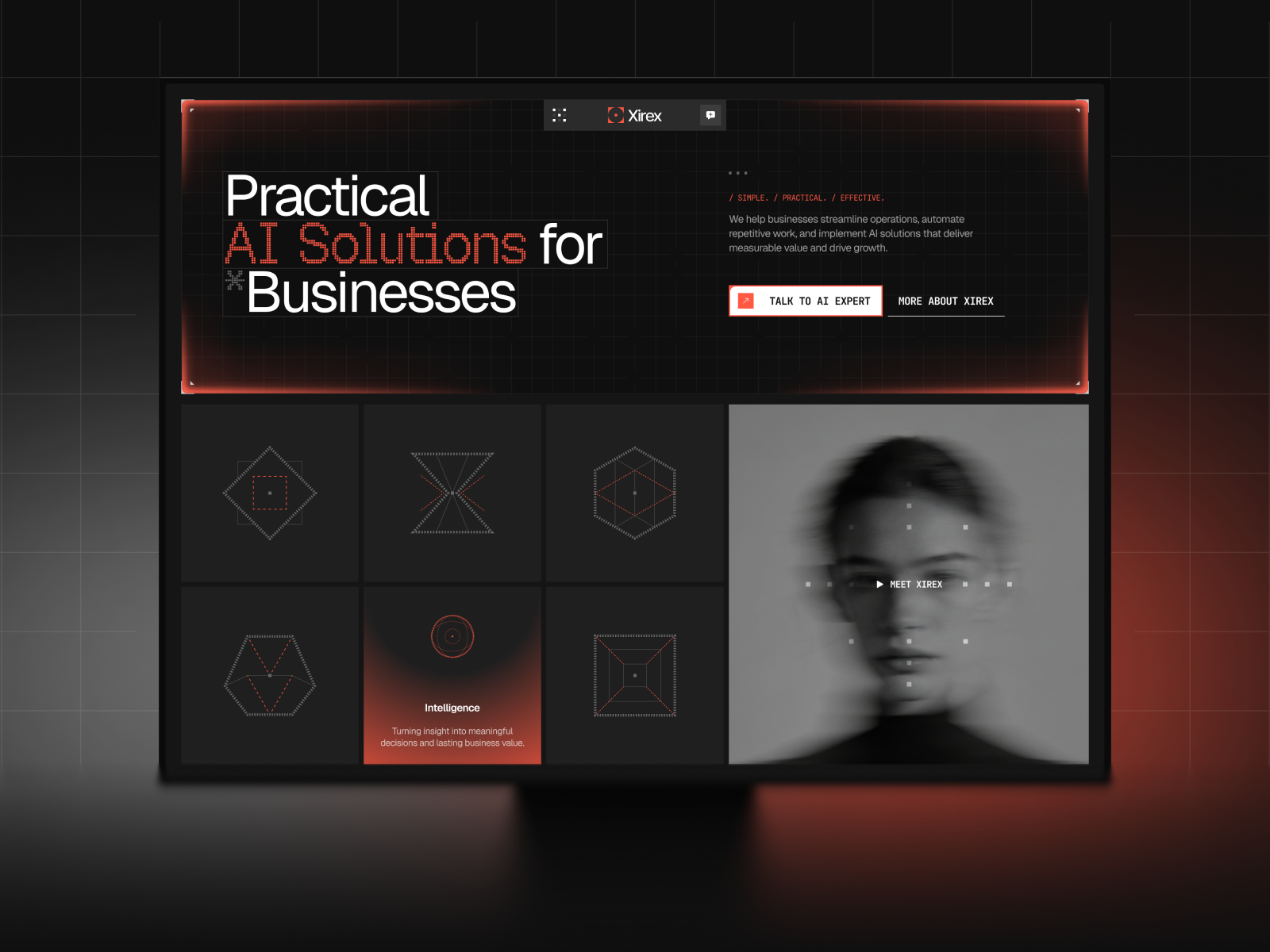 Xirex - AI Agency & Digital Studio Framer Template ai ai agency animation artificial intelligence dark mode digital agency framer gradient grid landing page modern technology web design website template