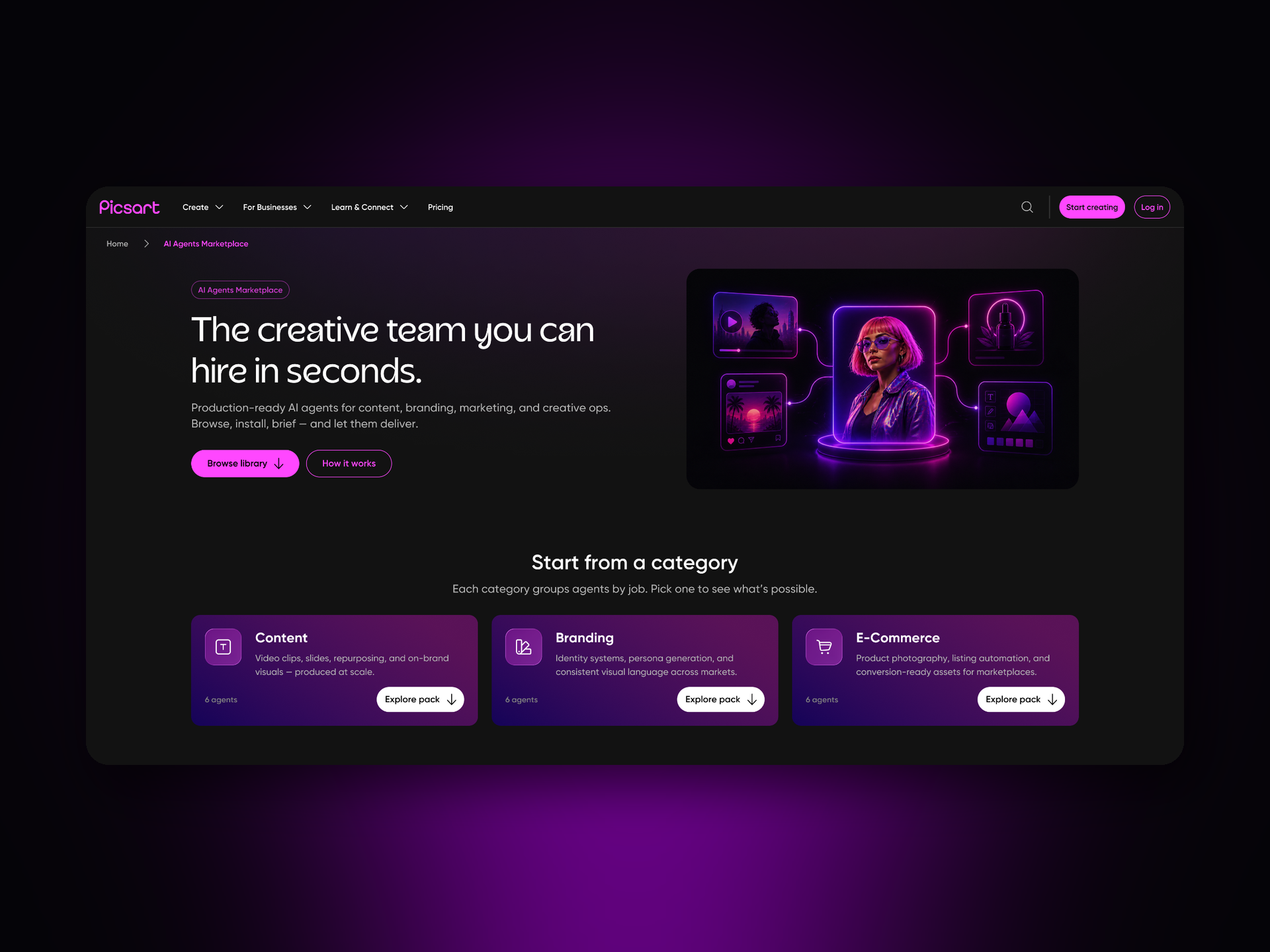 Picsart AI Agents Marketplace — Landing Page ai agents ai marketplace ai tools artificial intelligence creative tools dark ui figma generative ai interaction design landing page marketplace design picsart product design responsive design saas ui design user experience ux design web design web platform