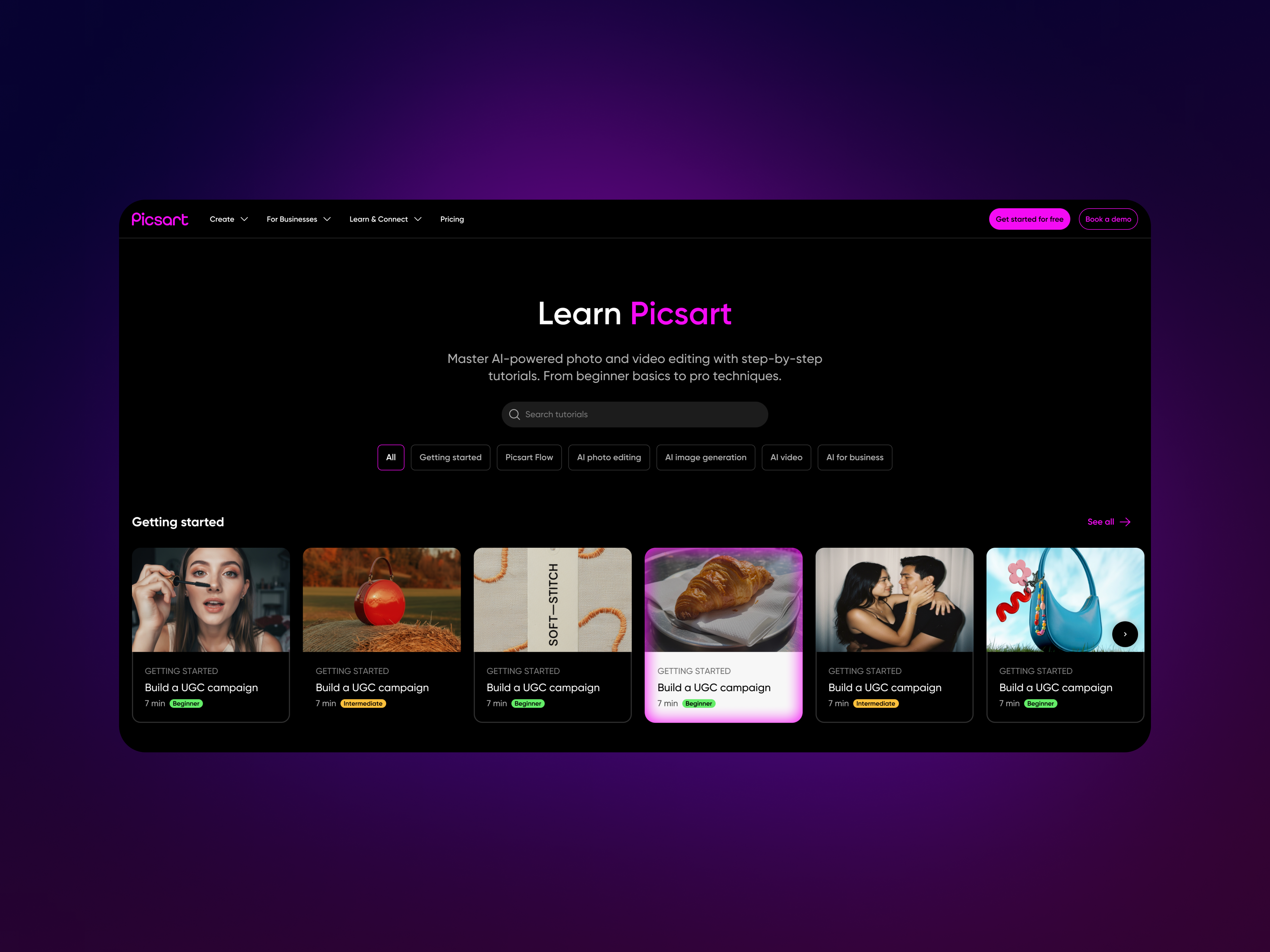 Picsart Tutorials Hub — Web Design ai tools artificial intelligence content hub creative tools dark ui educational design figma information architecture learning platform picsart product design resource library responsive design search experience tutorials ui design user experience ux design web design web platform