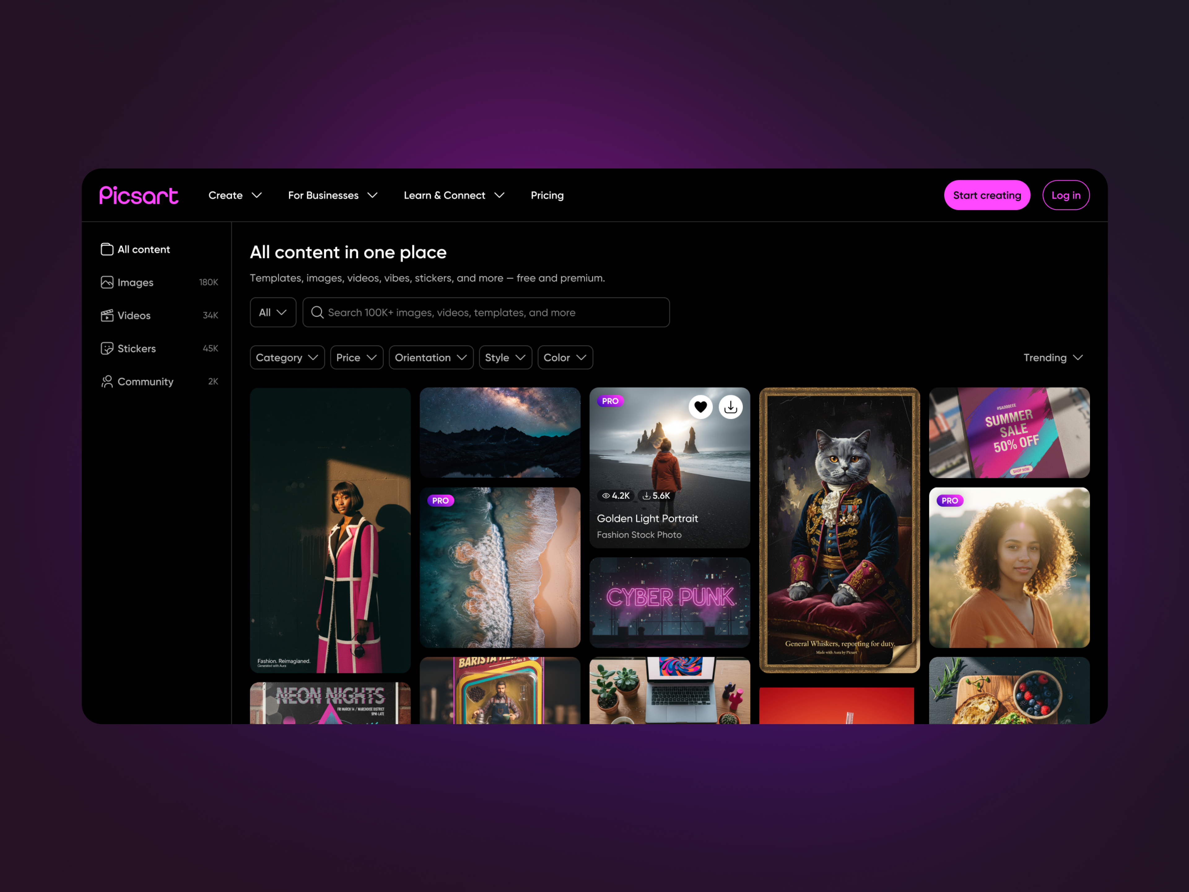Picsart Content Library — Discovery Experience asset library content discovery content library creative tools dark ui digital assets figma filter design gallery design information architecture marketplace design picsart product design responsive design search experience ui design user experience ux design visual search web design
