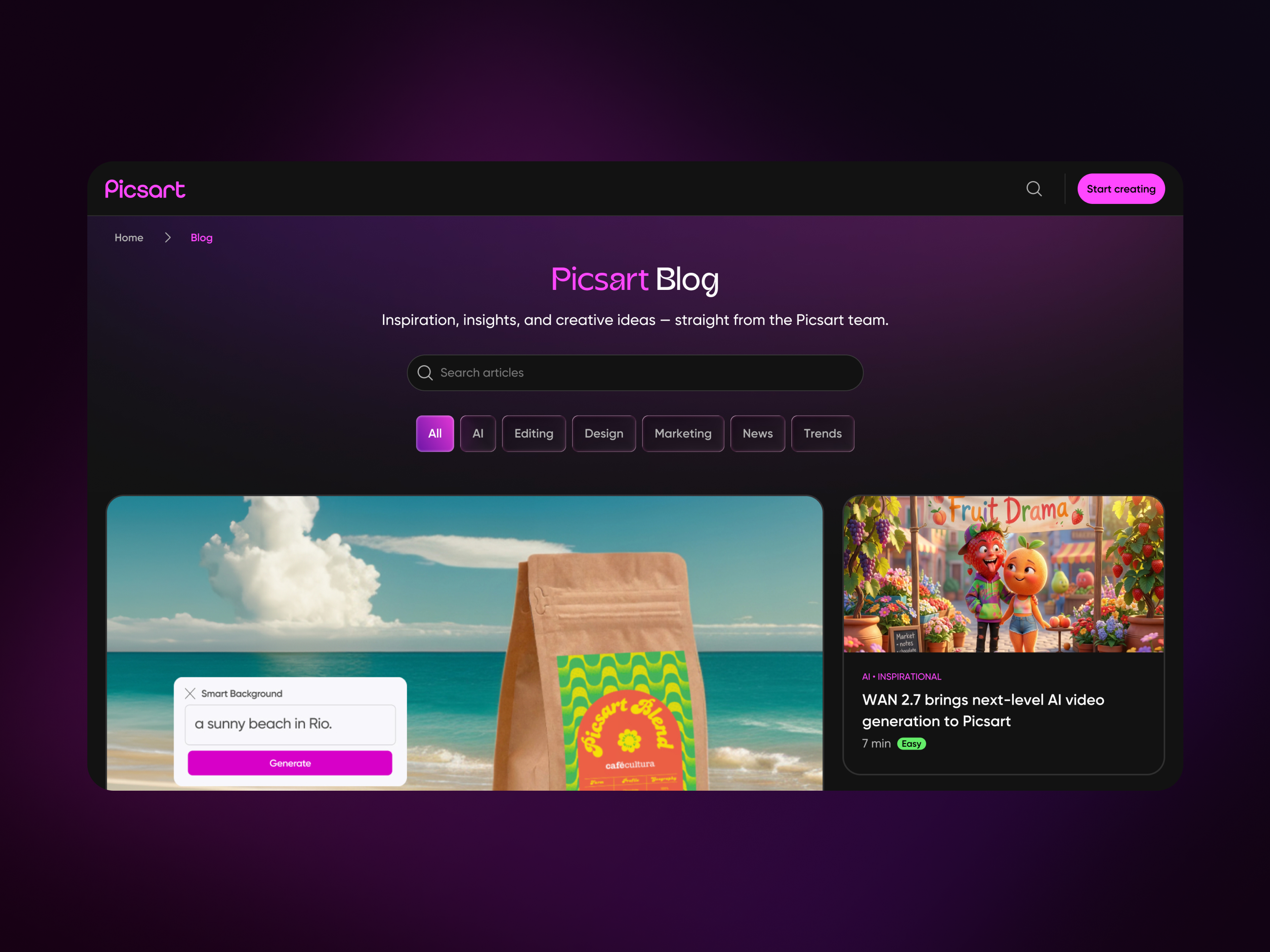 Picsart Blog — Content Discovery Experience article page blog design category page content discovery content hub content strategy dark ui editorial design figma filter design information architecture picsart product design responsive design search experience ui design user experience ux design web design web platform