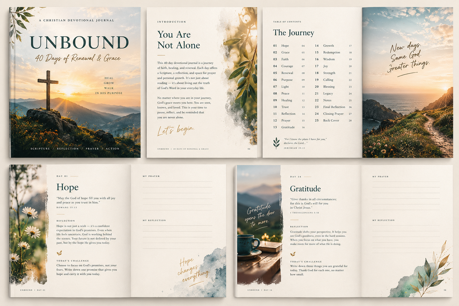 UNBOUND — Christian Devotional Journal Design book cover book design book layout design branding canva template christian journal christianity devotional journal editorial editorial design editorial layout faith journal layout design print design publication design typography watercolor
